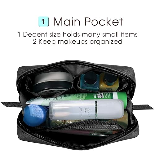 Miniatura 2 de Narwey Bolsa grande de maquillaje de cuero vegano con cremallera, organizador de cosméticos de viaje para mujeres (grande, WX-negro)