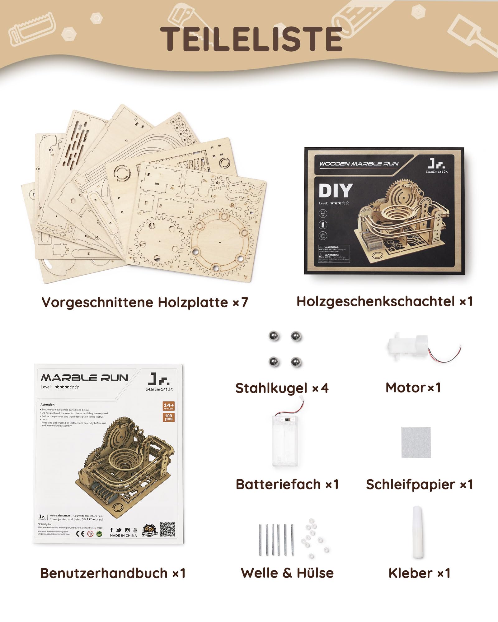 UGEARS Kit de Pista de canicas de Madera - Regalo del día del Padre Rompecabezas 3D Elevador Escalonado de canicas de Madera con Mecanismo de elevación de 3 escalones y 10 canicas - Rompecabezas
