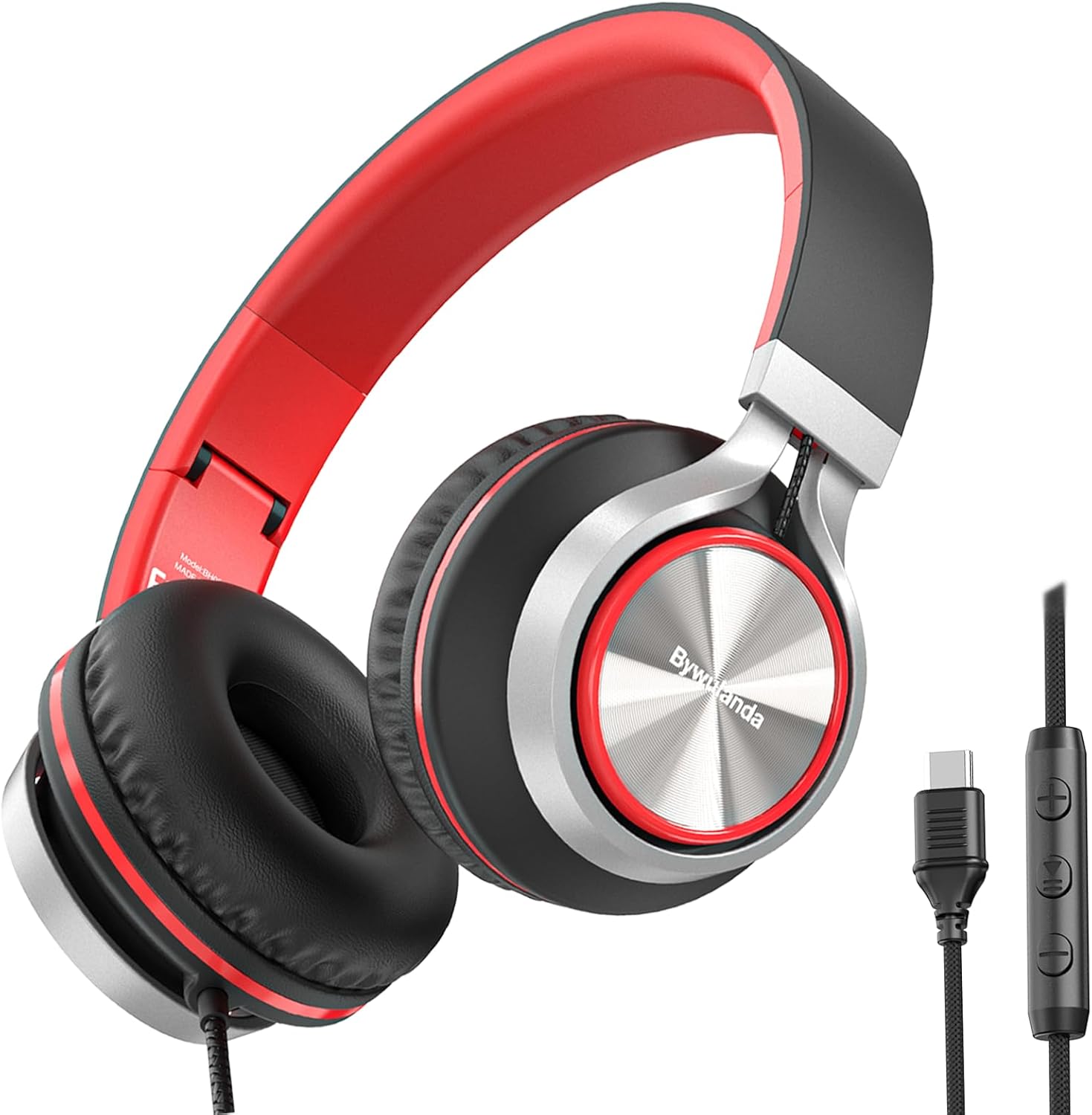 Bywulanda USB C Headphones with Mic and Volume Control, Hi-Fi Stereo Sound for iPhone 15 16 Pro, Wired Over-Ear Headphones for Smartphones Chromebook Laptop Tablets Travel(Black/Red)
