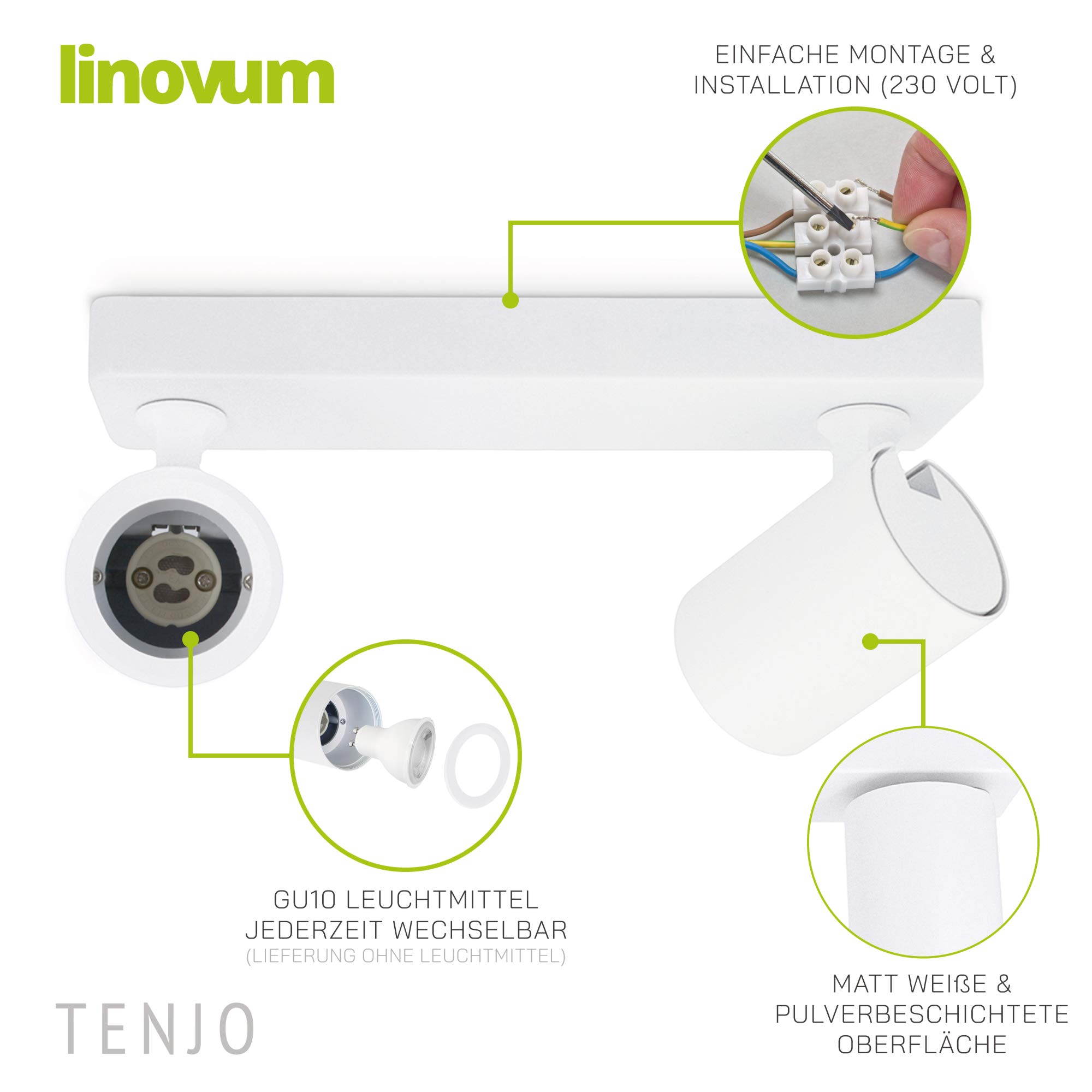 linovum TENJO Spotleuchte Spotbalken 2 flammig in weiß geeignet für 2x GU10 - Strahler Deckenlampe Spots schwenkbar & drehbar