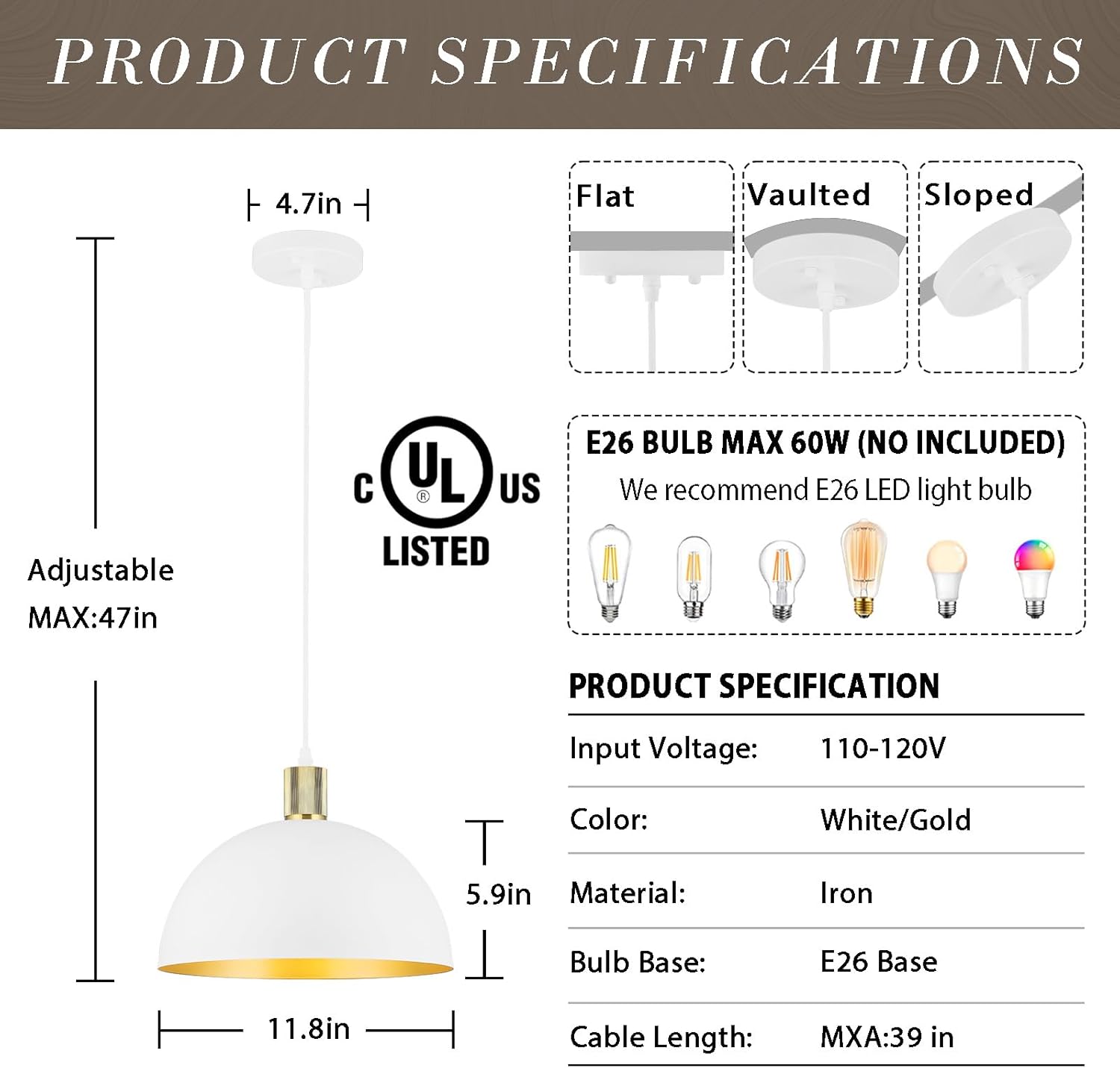 White Gold Pendant Lights Kitchen Island, 11.8" Modern Dome Pendant Light Fixtures Farmhouse Hanging Lights for Dining Room Hallway Sink Entryway
