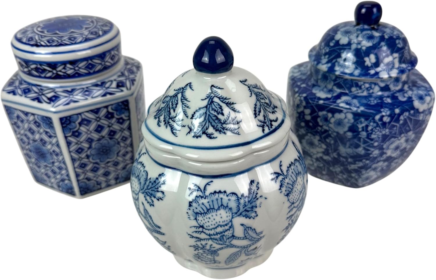 Things2die4 Decorative Jars Set of 3 Blue and White Chinoiserie Porcelain Lidded Accent Jars, Glossy Floral Pattern, 6.75 X 4.5 X 4.5 In, for Shelf Table Entryway Living Room Decor