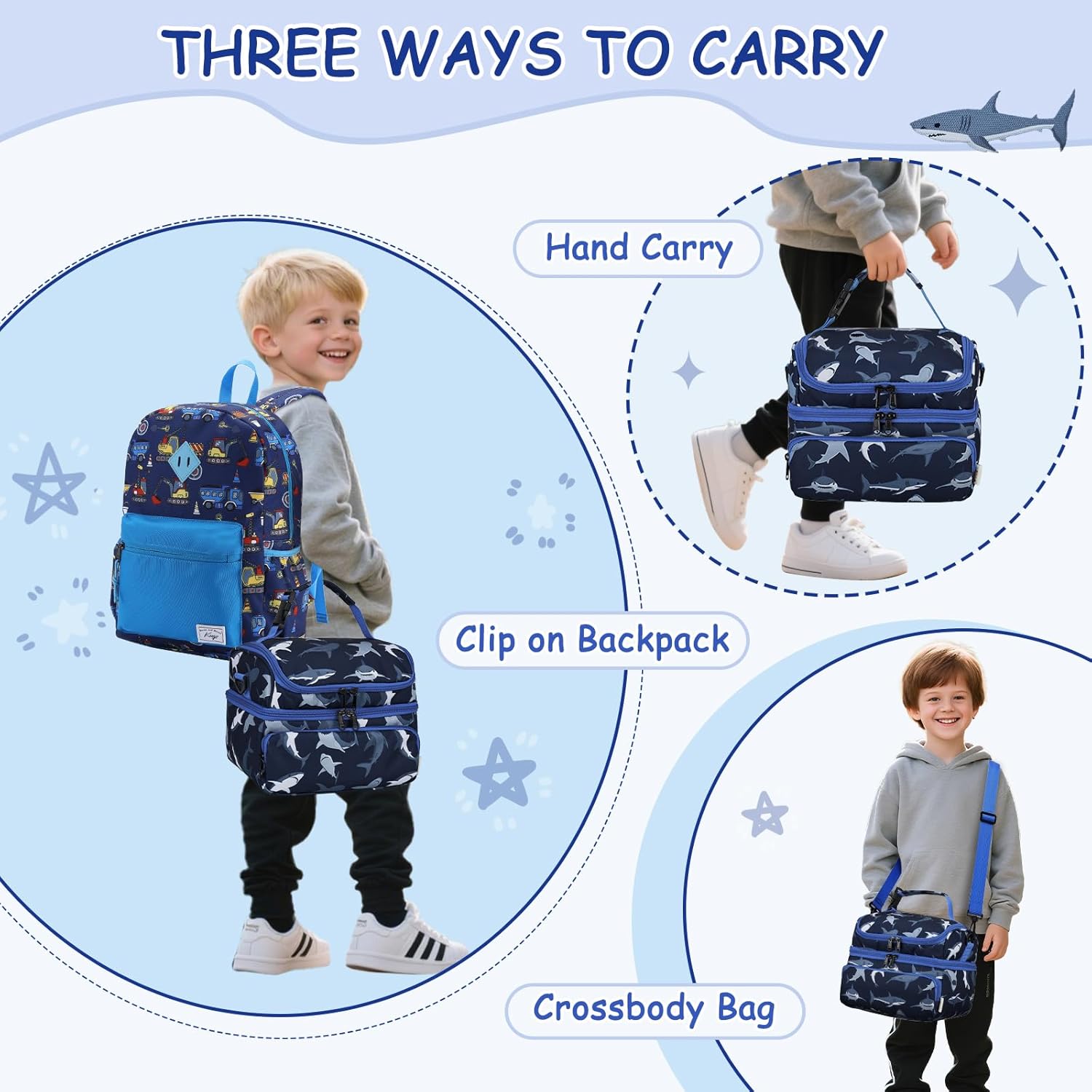Kasqo Lunch Bag Kids, Dual Compartment Insulated Cooler Bag Girls Boys Toddler Lunch Box Containers for Daycare School Kindergarten Travel Blue Shark