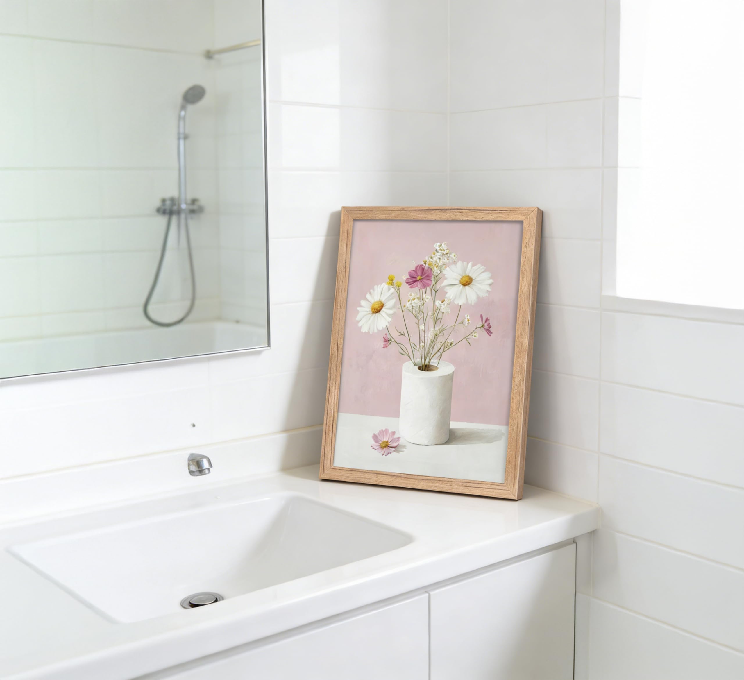 Framed Funny Bathroom Canvas Wall Art,Pink Daisy Floral Botanical Painting Picture Wall Decor,Minimalist Toilet Paper Flower Poster Print Artwork,for Restroom Toilet Home Decoration, — view 5