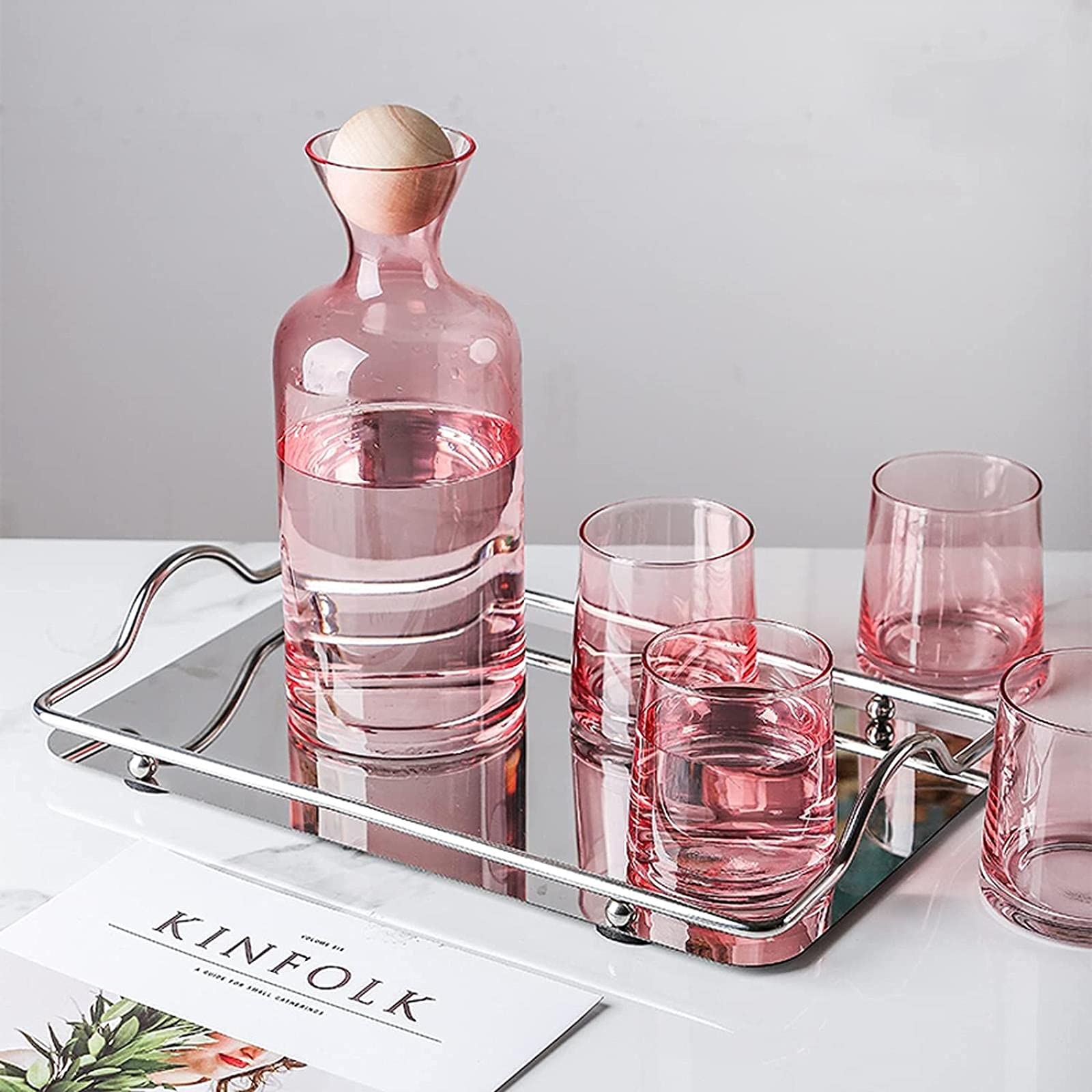 Jarra de Agua Simple Botella de Agua fría Rosa con Cubierta de Bola de Madera Jarra de Vidrio de Alta Temperatura para el hogar, la Oficina, el Restaurante y la cafetería