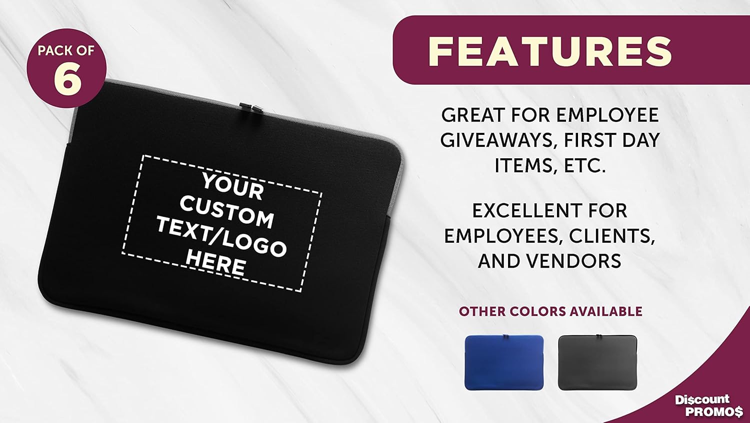 6 Santana Neoprene Laptop Sleeves Set - Customizable Text, Logo - Zipper Closure, Lightweight, Durable, Party Favor - Black