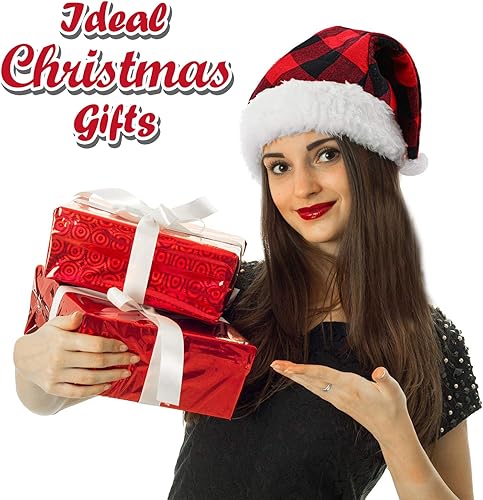 Miniatura 6 de URATOT Paquete de 6 sombreros de Papá Noel de Navidad, sombrero de Papá Noel rojo y negro, sombrero de felpa de lujo para regalos de Navidad,