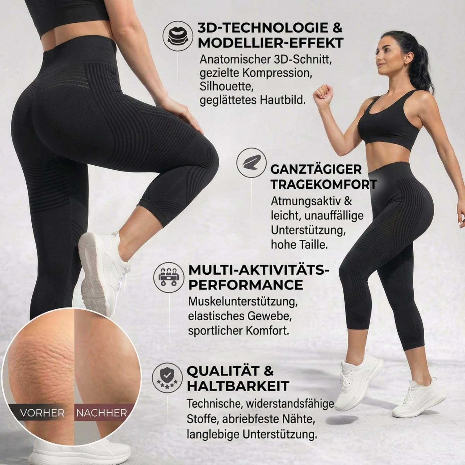 Coreex Celluflex 3D-Kompressionsleggings, Leggings Damen 3/4 LipöDem Anti Cellulite Leggings kompressionsleggins Damen High Waist Push-Up Trousers Yoga Fitness Sportleggins Sommerhose