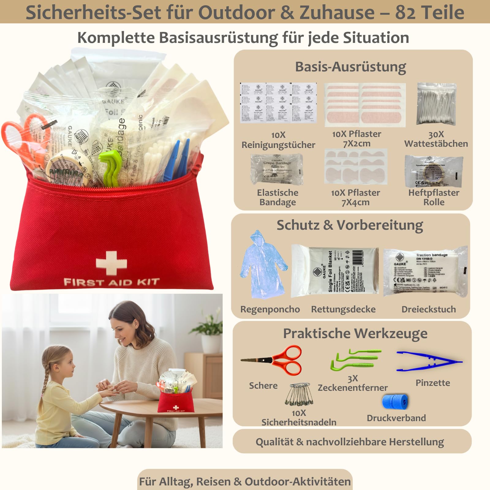 Survival Kit Komplett BIRKOSCH – 16 Werkzeuge + 82 Erste-Hilfe-Teile | 2 in 1 : Outdoor-Tasche + Erste-Hilfe-Set. Kompass, Wasserfilter, Rettungsdecke – Camping, Wandern, Auto, Notfall.