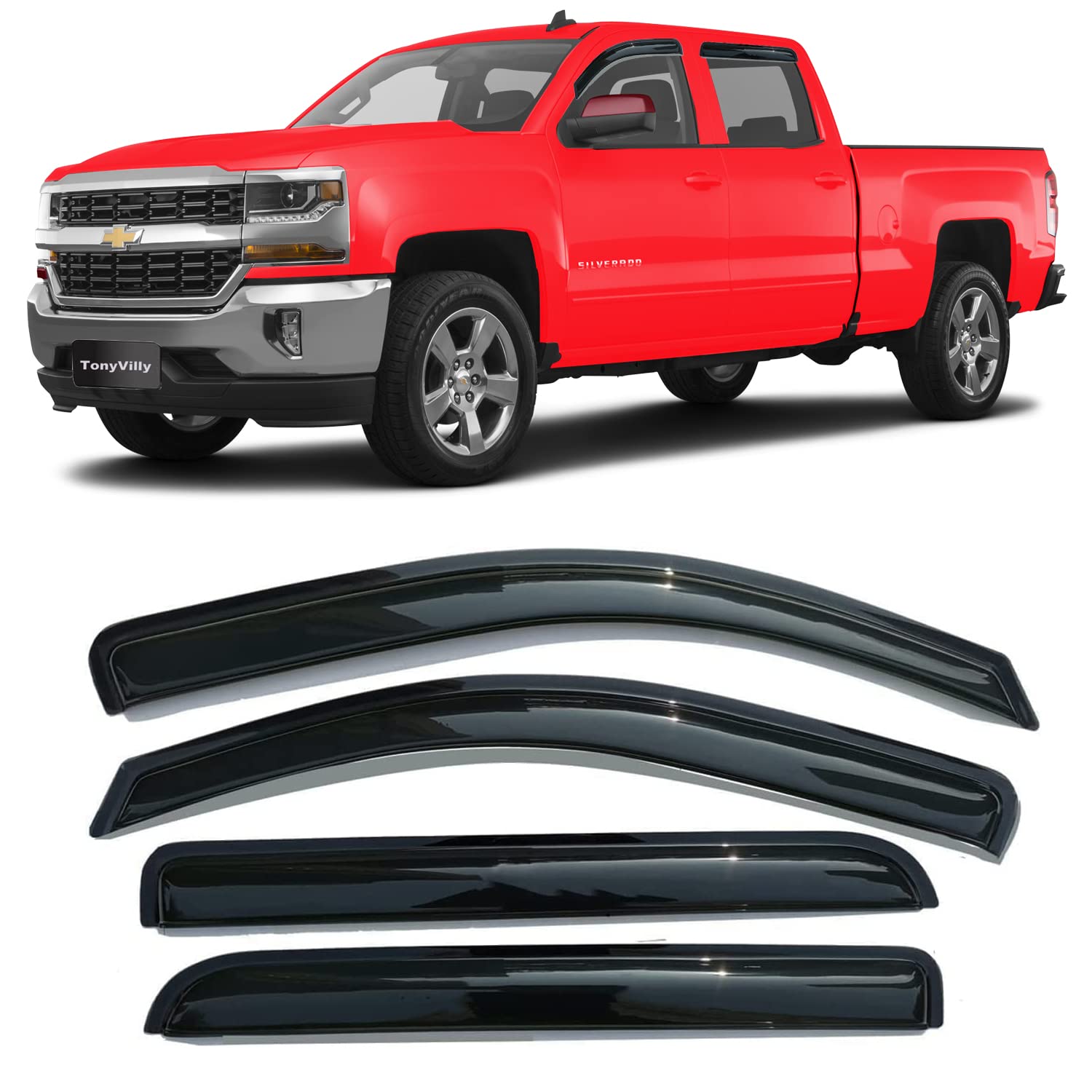 dark smoke tape on side window rain guards vent sun visor window deflectors for chevrolet silverado & gmc sierra 1500 2500hd 3500hd 2014-2018, with crew cab sun shades 4pcs