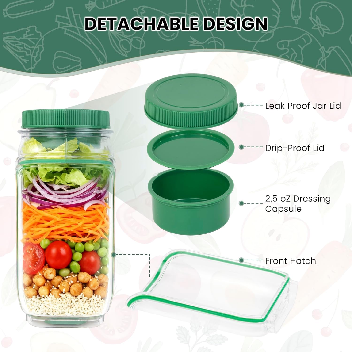 Upgraded Salad To Go Food Container – New and Improved Salad Jar with Side Opening, Improved Opening Mechanism – Food Containers for Lunch with Leak Free Sealing System, Ergonomic Grip
