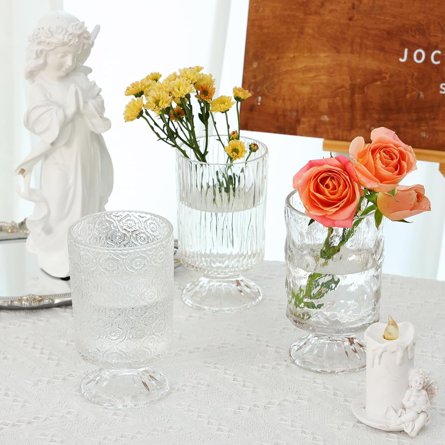 Set of 3 Clear Embossed Glass Vases for Wedding Centerpieces