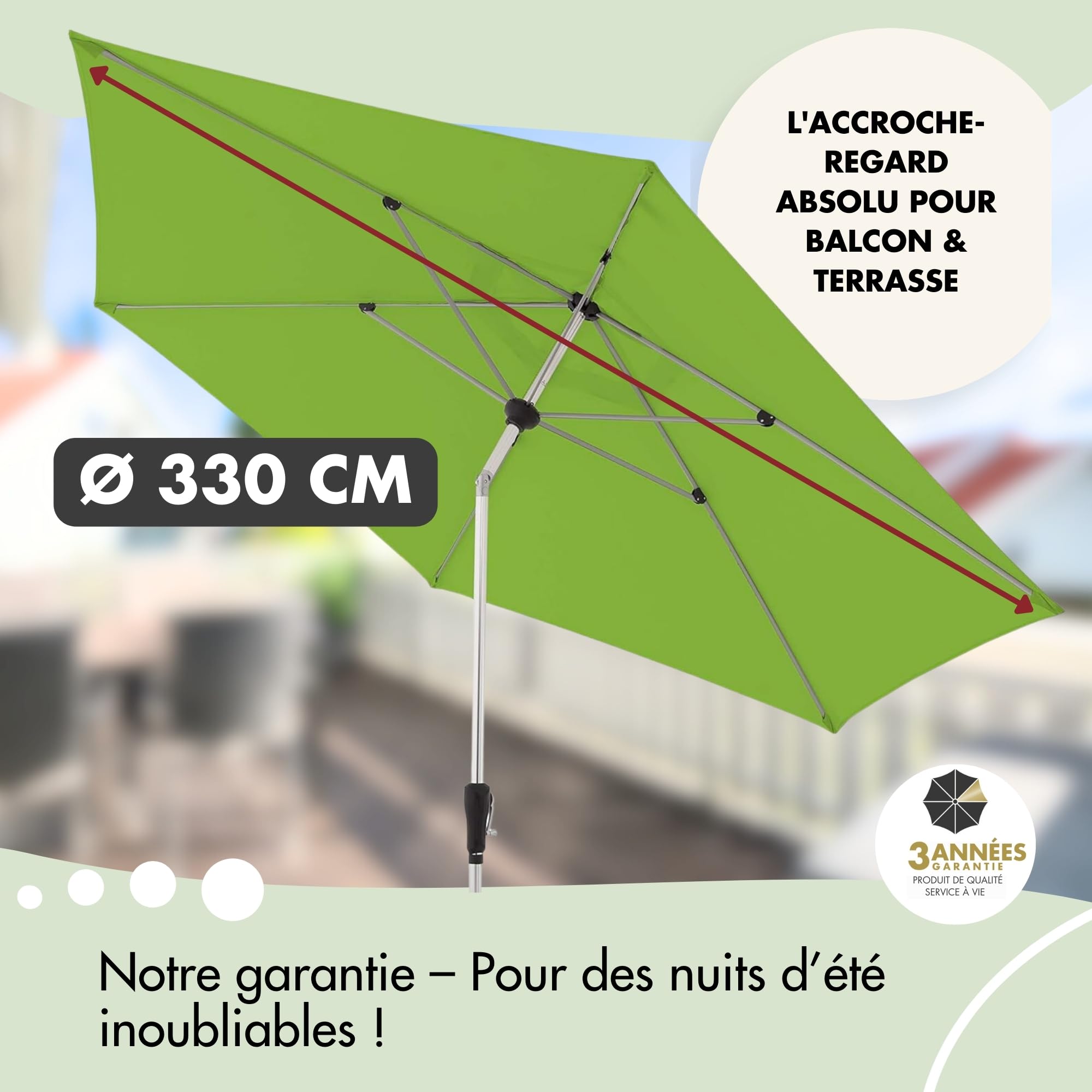 Doppler Parasol hexagonal en aluminium - de jardin pliable pour balcon ou terrasse - à mât central avec manivelle - 330 cm de diamètre