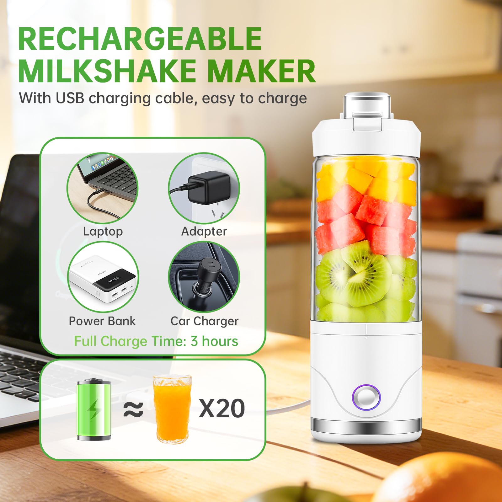Blender Portable, 650ml Mixeur Portable pour Shakes et Smoothies, Broie Glace et Fruits Surgelés, Rechargeable Mini Mixeur Personnel avec Couvercle de Voyage pour Cuisine,Salle de Sport,Bureau