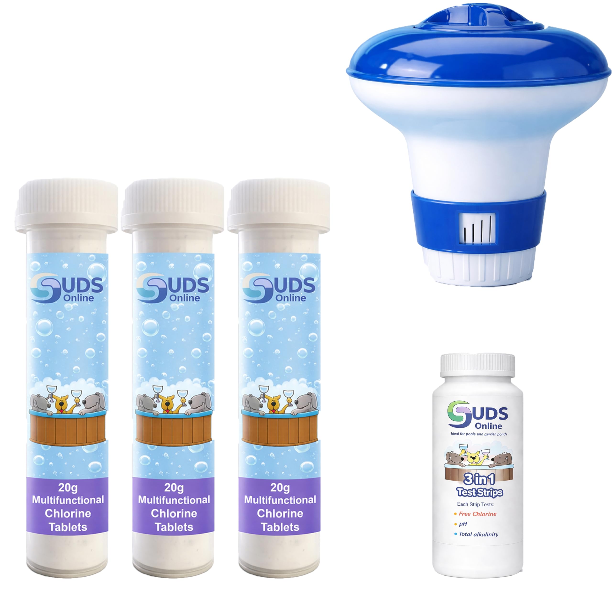 Suds-Online Small Dispenser With 30 Multifunctional Chlorine Tablets 20G + Test Strips