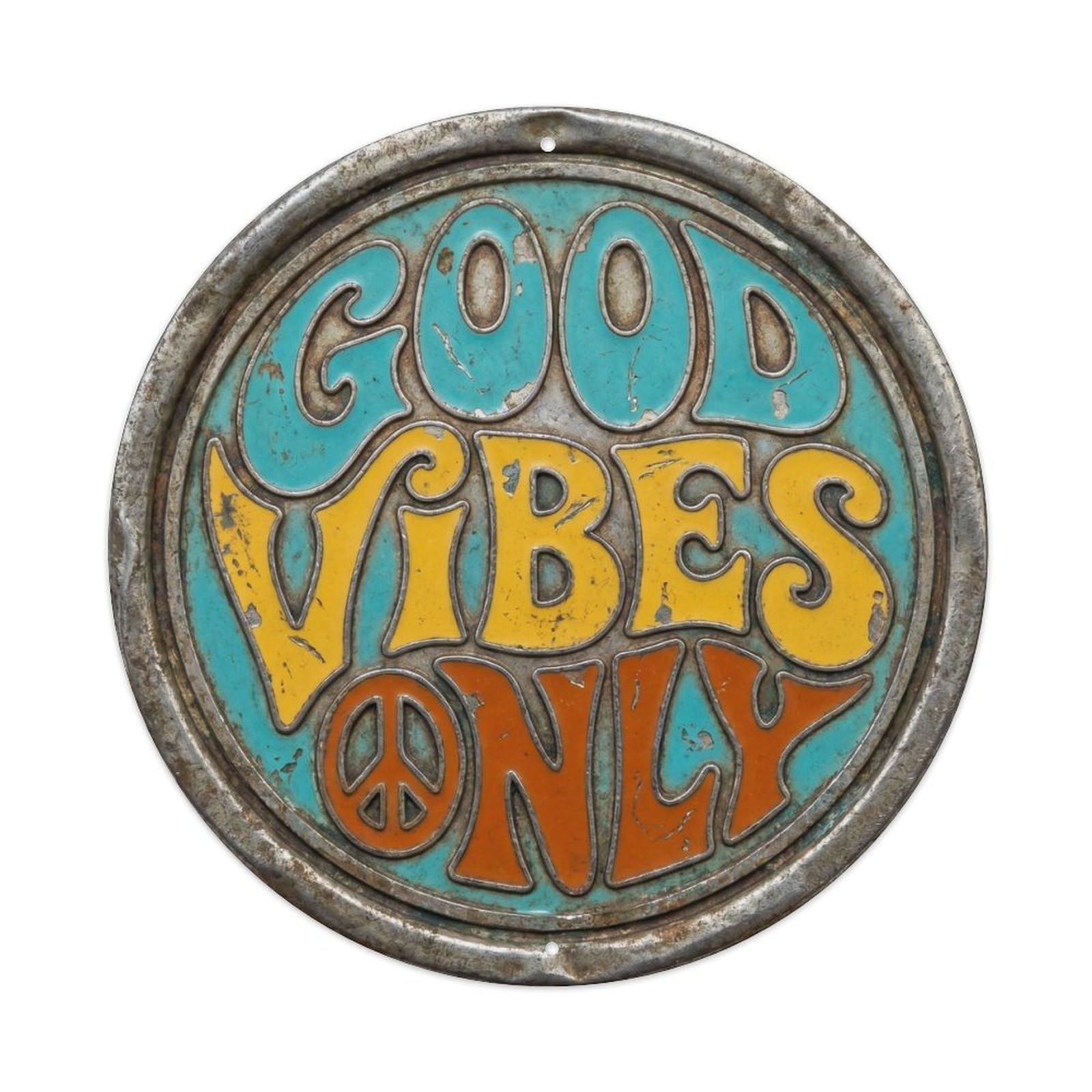 Cmhok Vintage Style Good Vibes Only Vintage Round Wall Decor Retro Motivational Slogans Metal Tin Sign Plaque Wall Decor For Cafe, Club, Garden Round Metal Poster 8X8inch