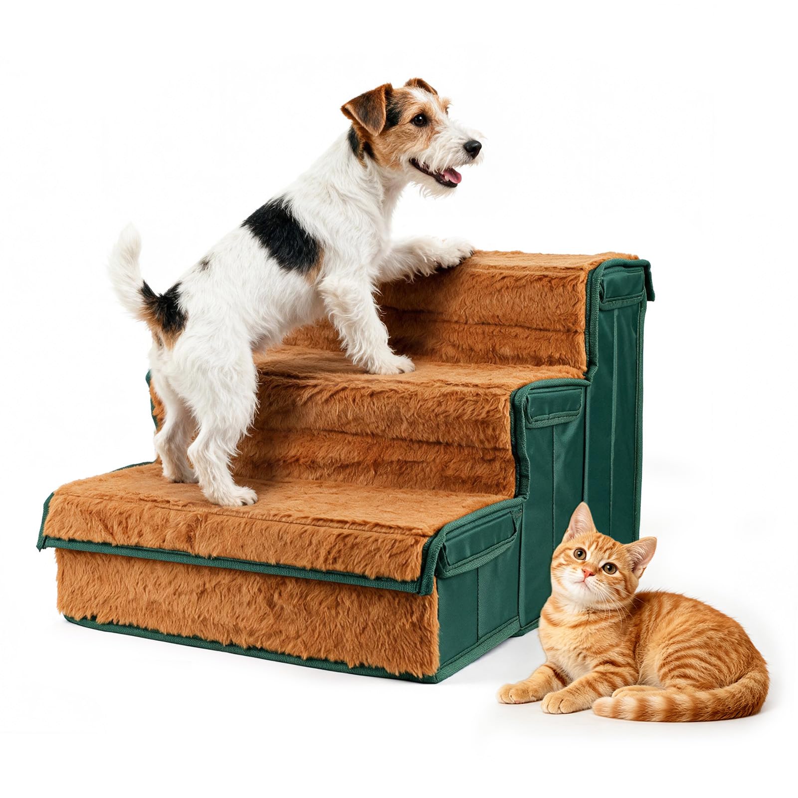 PETLESO Dog Stairs with Storage, 3-Step Foldable Dog Steps for Bed & Sofa, Non-Slip Bottom, for Puppies, Senior Dogs & Cats, Brown