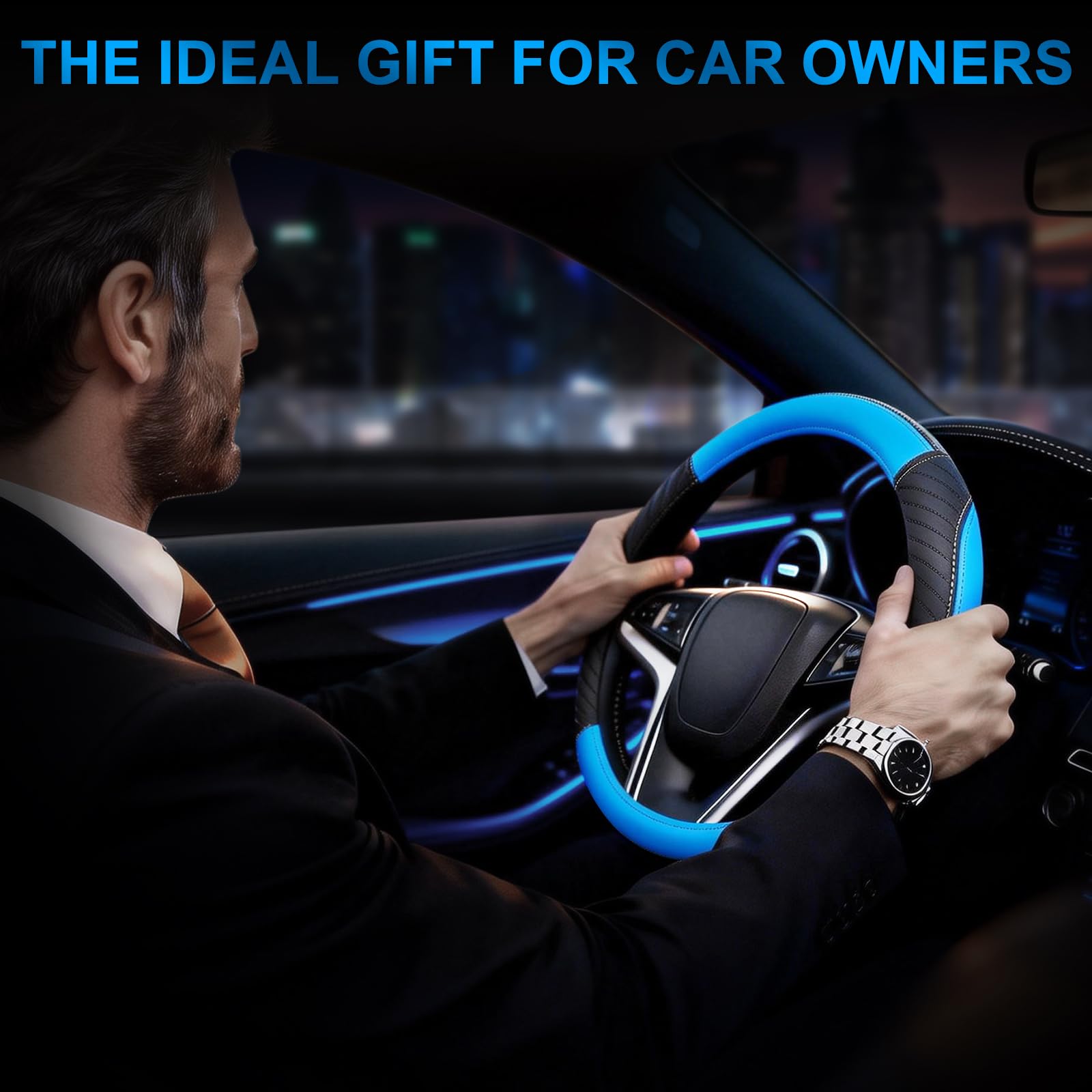 YGYQZ Car Steering Wheel Cover Leather - Soft Microfiber Steering Wheel Cover Universal Size M 37-38cm /14.5-15inch, Anti-slip, Breathable, Blue