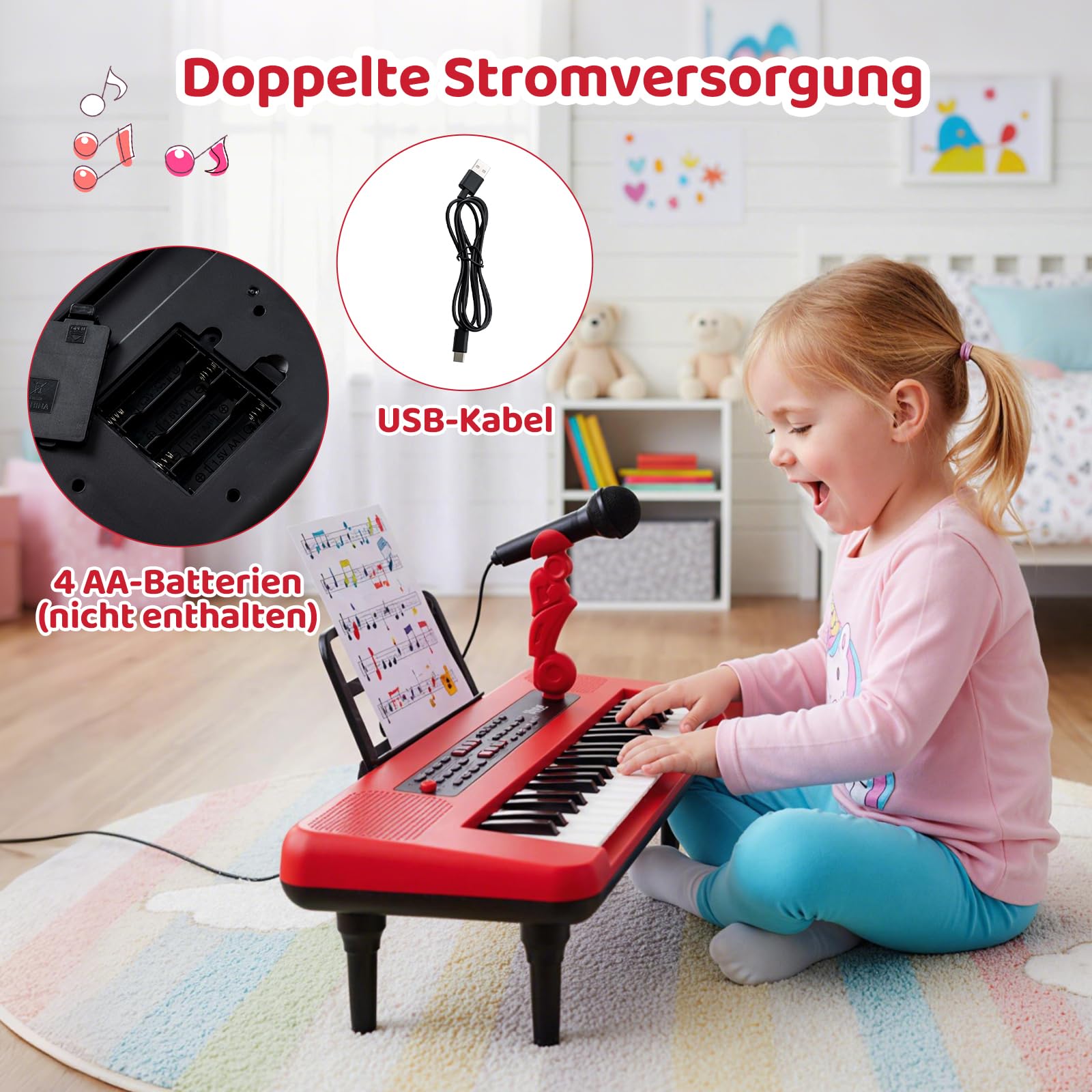 COSTWAY 37 Tasten Kinder Keyboard, Kinderklavier elektronisch mit Mikrofon, Notenständer & abnehmbare Beine, tragbares Musikinstrument, Kinderpiano Klaviertastatur für Kinder ab 3 Jahren (Rot)