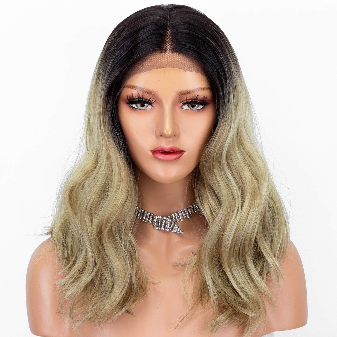 Chantiche Short Bob Blonde Wig with Black Roots Wavy Synthetic Lace Front Wig with Natural Hairline Ombre Wigs for Women Glueless