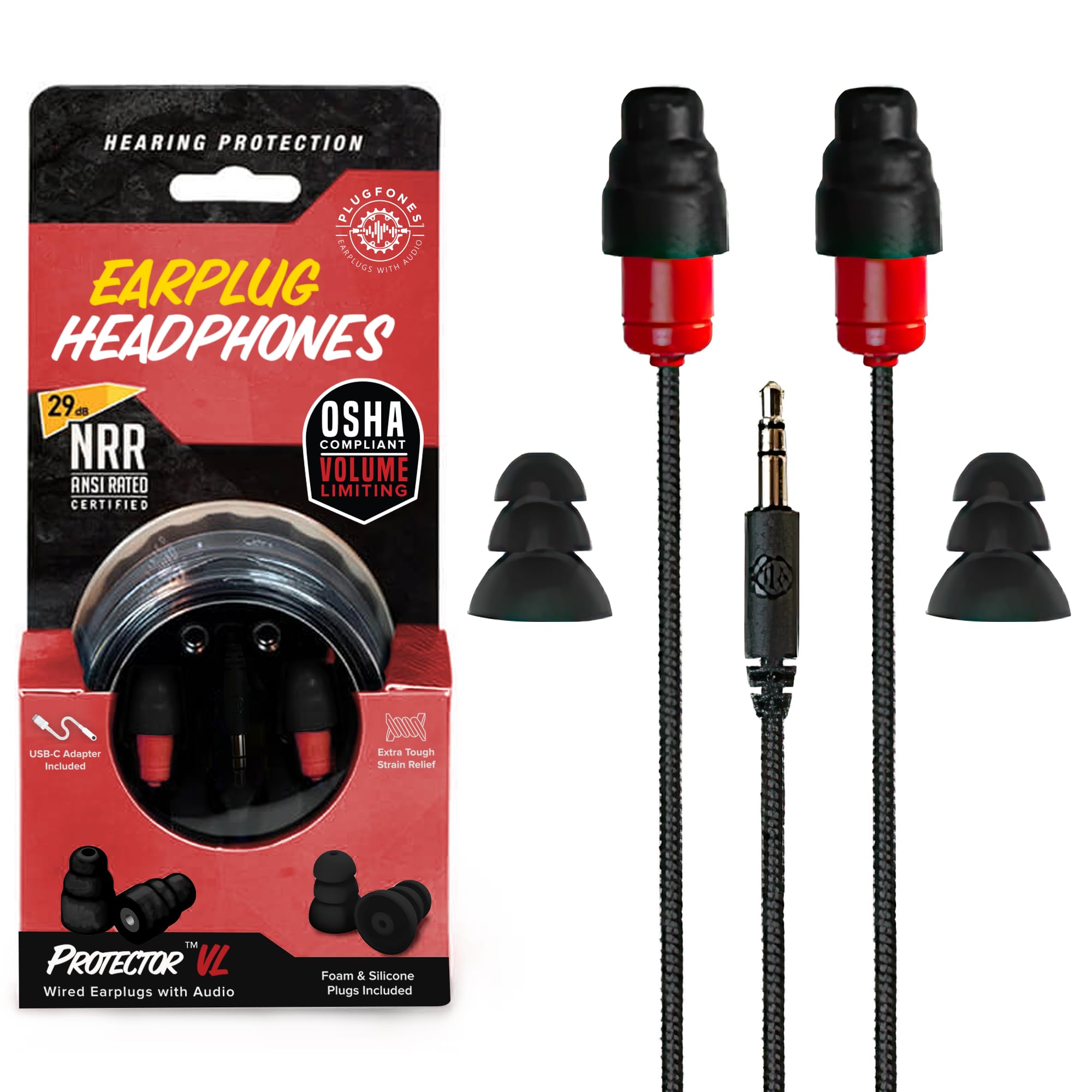 Plugfones Protector Volume Limited Audio Earbuds, OSHA Compliant Earplugs with Sound, Black & Red