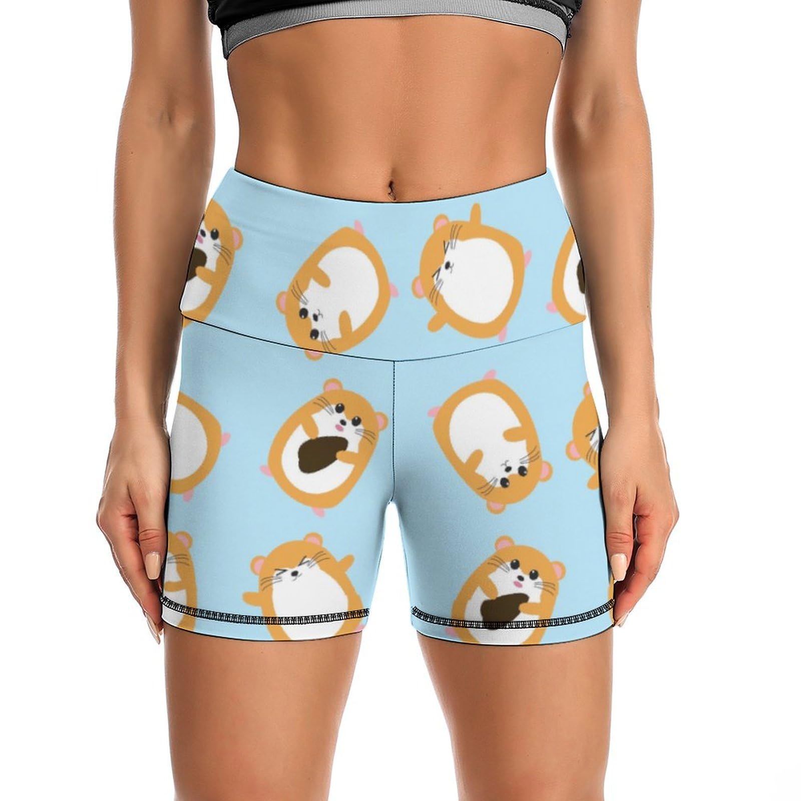 Cute Cartoon Guinea Pig Pattern High Waist Yoga Shorts for Women Athletic Shorts Leggings Running Pants Black