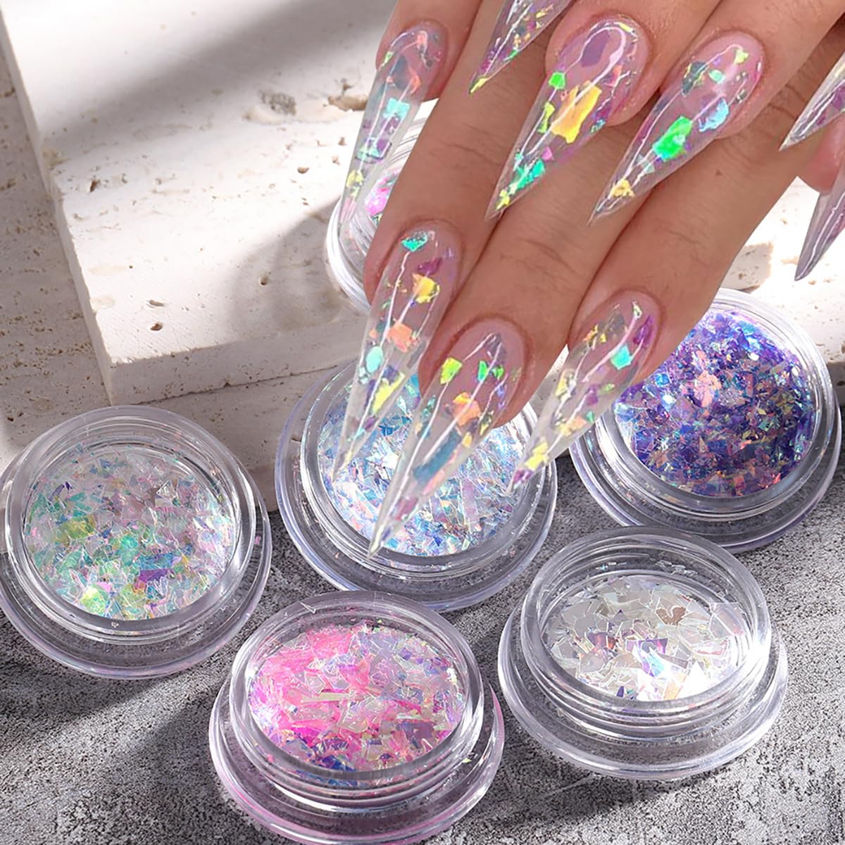 SONGJIE Holographic Mermaid Nail Sequins,6 Jars Chunky Glitter Colorful Fluorescent Glass Paper Iridescent Flakes Sticker for Makeup Decoration Women