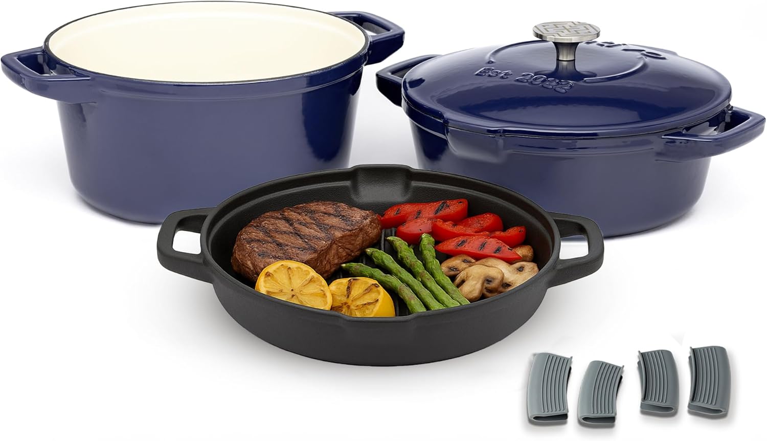 NATIVO 5 pc Stackable Cast Iron Cookware Set, Versatile Enamel Dutch Oven, Seasoned Grill Pan & Enamel Braiser with Precision Pour Spouts, Universal Lid, Included Spacers/Handle Holders, Midnight Blue