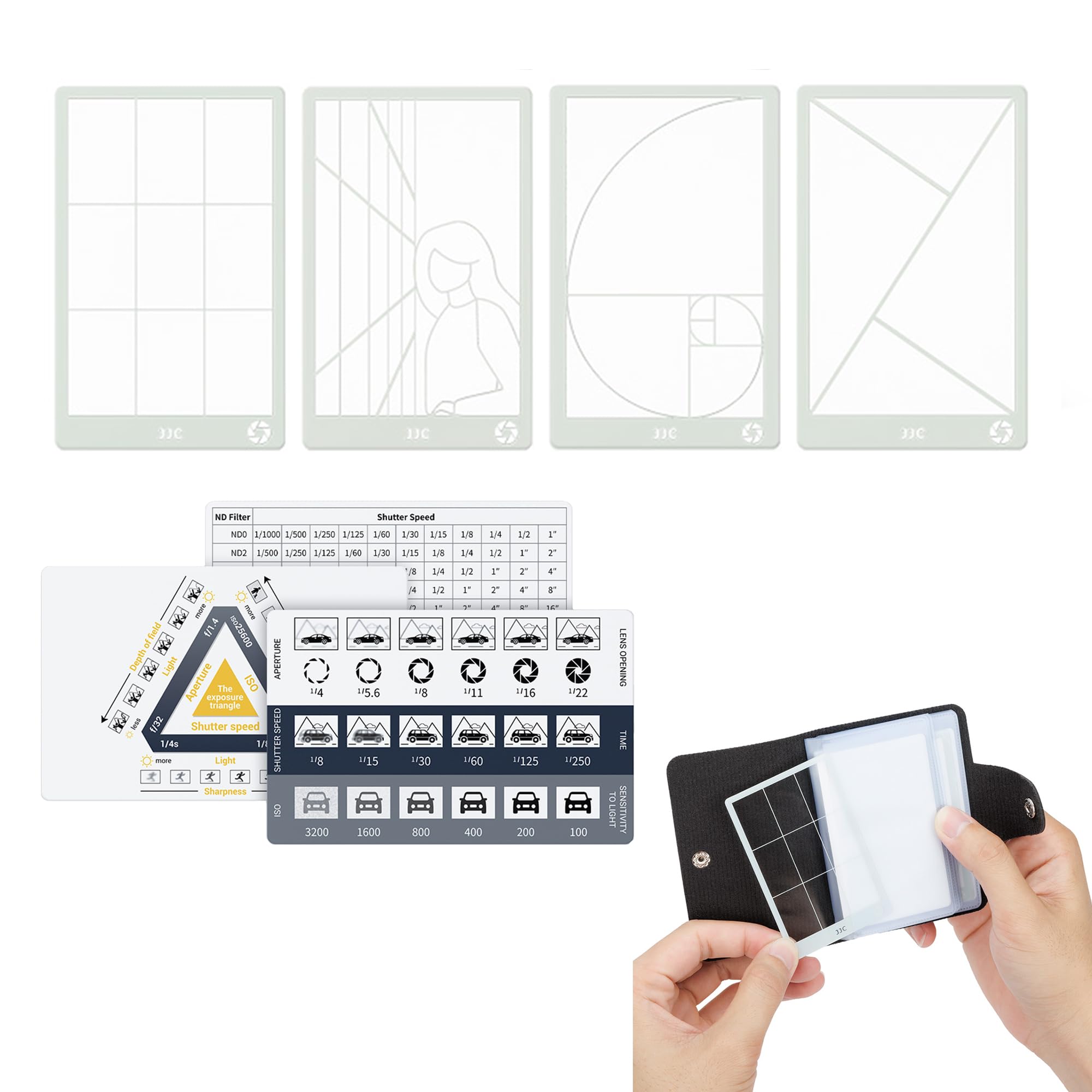 JJC 6 Pcs Photo Composition Tool View Finder Golden Ratio + Fibonacci + Rule of Thirds + Leading Lines Artists Viewer Catcher Aid w/DSLR Photography Cheat Sheet Reference Cards & Portable Card Holder