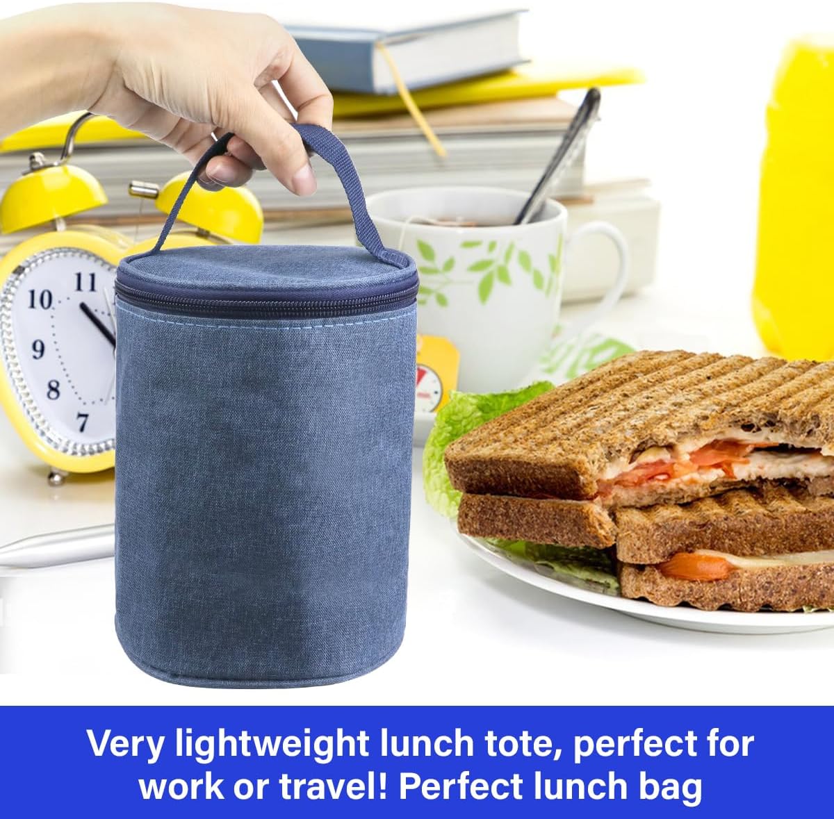DOERDO Bento Lunch Bag Breakfast Tote Bag Insulation Bento Bag Round Bento Accessories for Office Work Outdoor Picnic, 5.1x6.9 Inch, Blue - Image 4