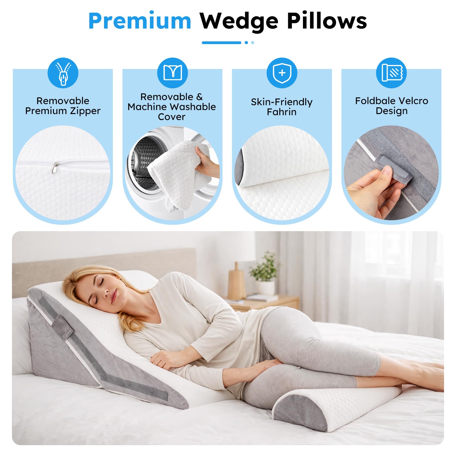 Cuscino a cuneo per dormire, in memory foam, con poggiatesta, inclinazione regolabile, cuscino triangolare rialzato per reflusso acido, sollievo dal mal di schiena, russare, supporto per gambe