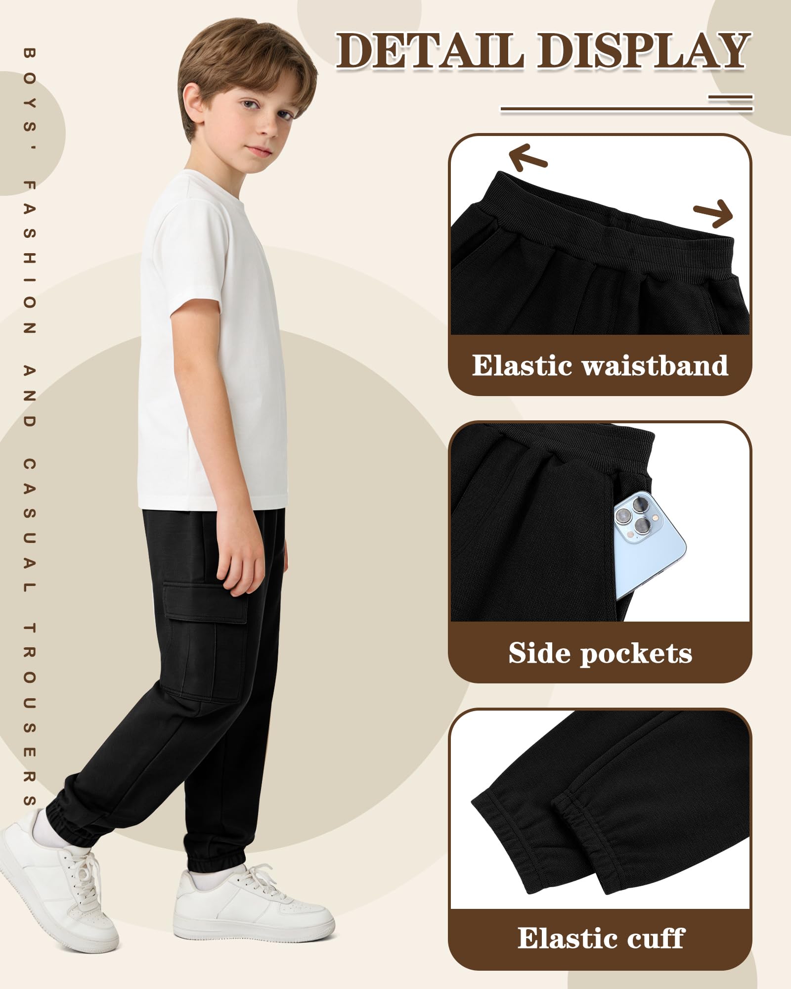 LACOFIA Pantalon Cargo pour Garçon Pantalon de Jogging à Taille Élastiquée pour Enfant 4-13 Ans