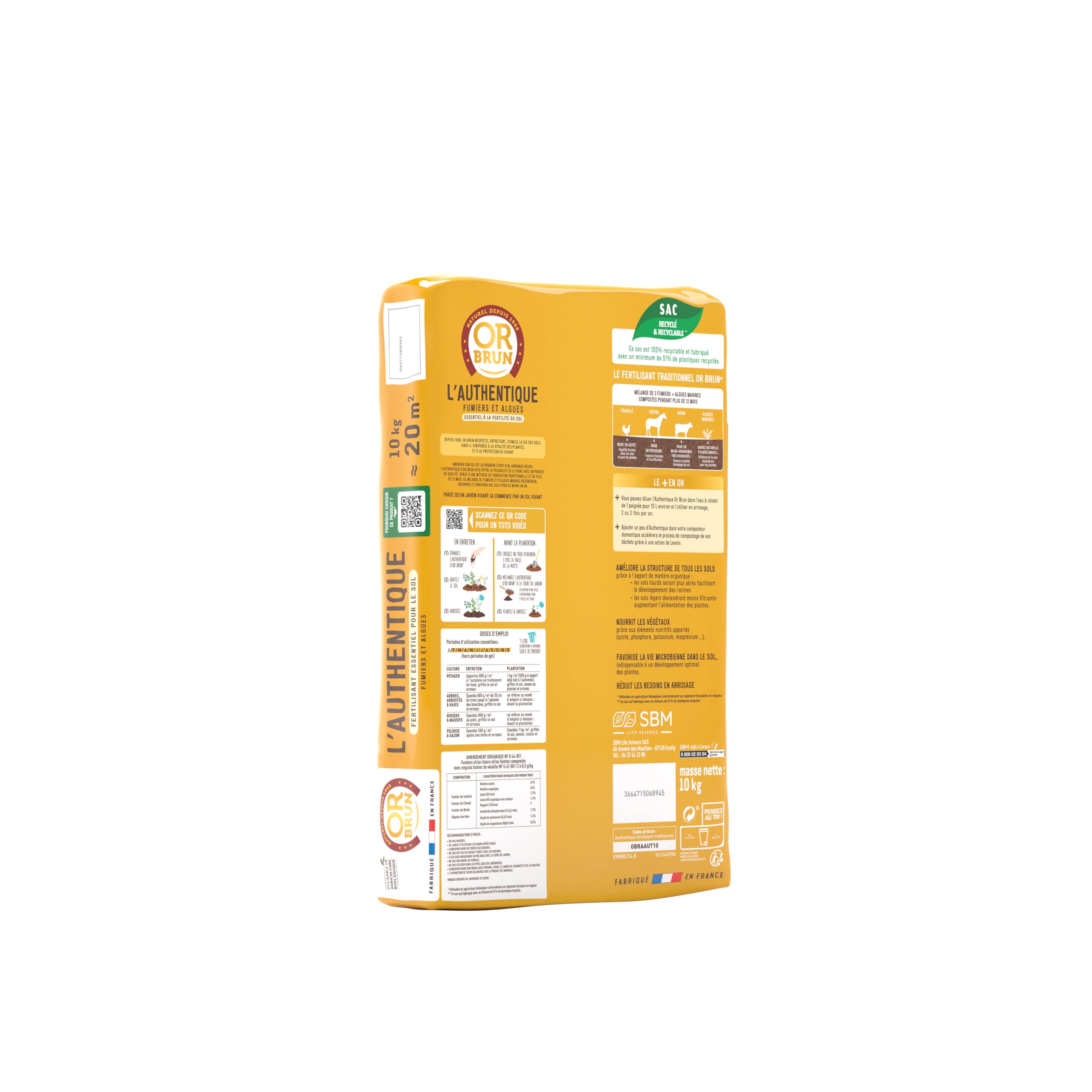 OR BRUN Authentique Fertilisant - Fertilisant Essentiel Pour Le Sol - 10kg - 20m² - Fumiers & Algues OBRAAUT10