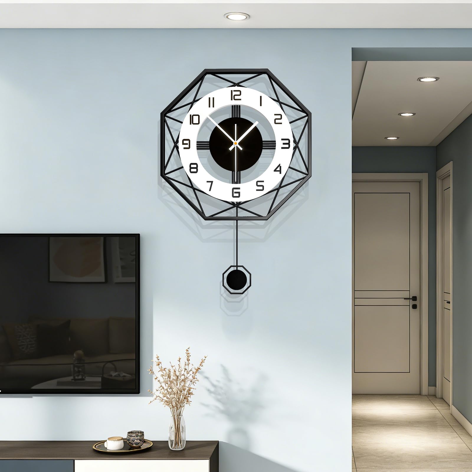 Wanduhr Groß Modern Schwarz für Wohnzimmer Holz ohne Tickgeräusche | 43cm Uhrwerk für Wanduhr mit Pendel Lautlos ohne ticken , pendeluhr wanduhr aus Metall für Schlafzimmer Küche Dekorative