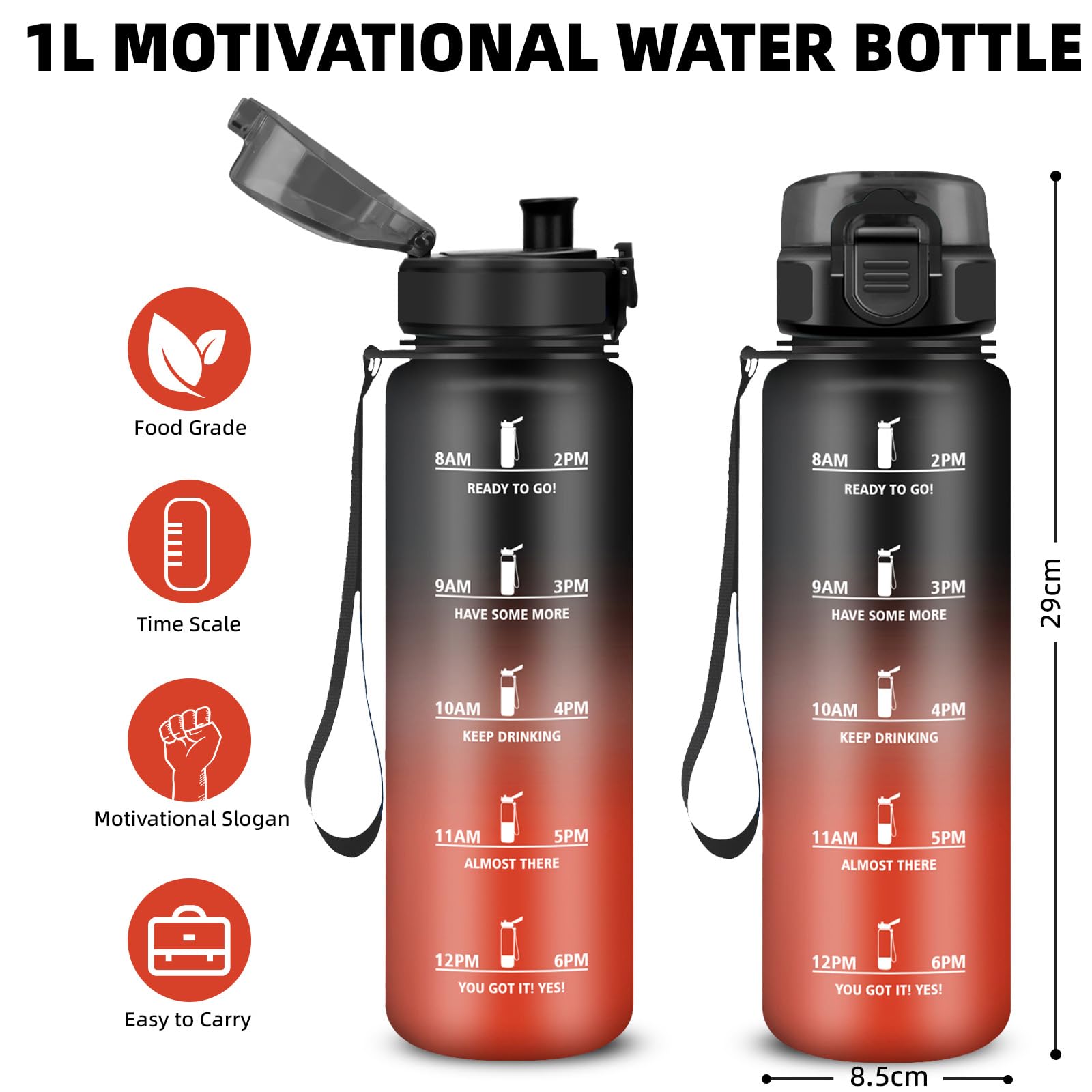 Borraccia 1 litro, Borraccia Palestra, Borracce Senza Perdite, Borracce Motivazionale, con Filtro, Facile da Trasportare, Bottiglia Graduata, con Slogan Motivazionale, per Campeggio, Fitness, Yoga