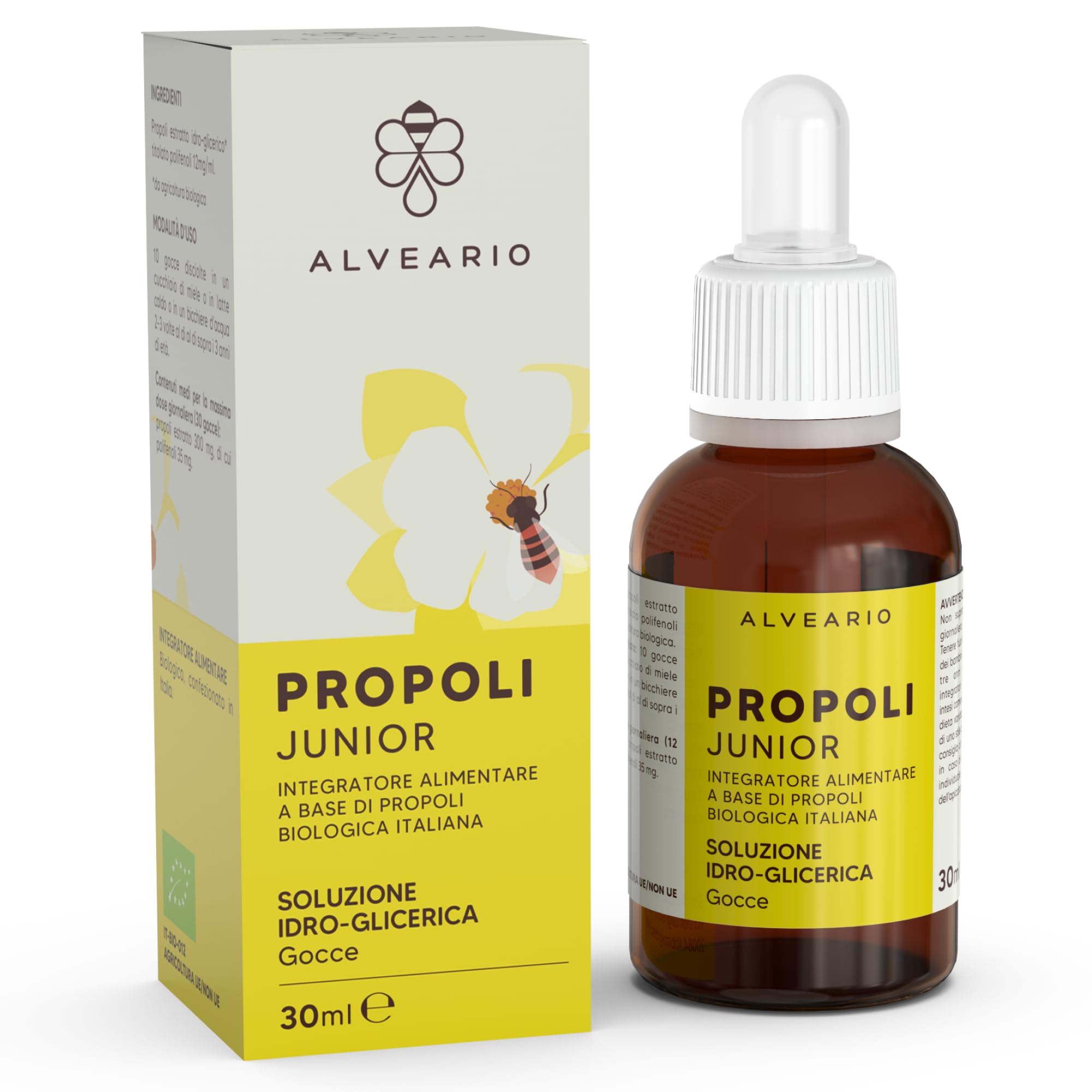 ALVEARIO - Propoli Junior Integratore Alimentare a base di propoli Biologica, adatto ai bambini, sollievo per mal di gola forte, tosse grassa, tosse secca e raffreddore 2 x 30 ml