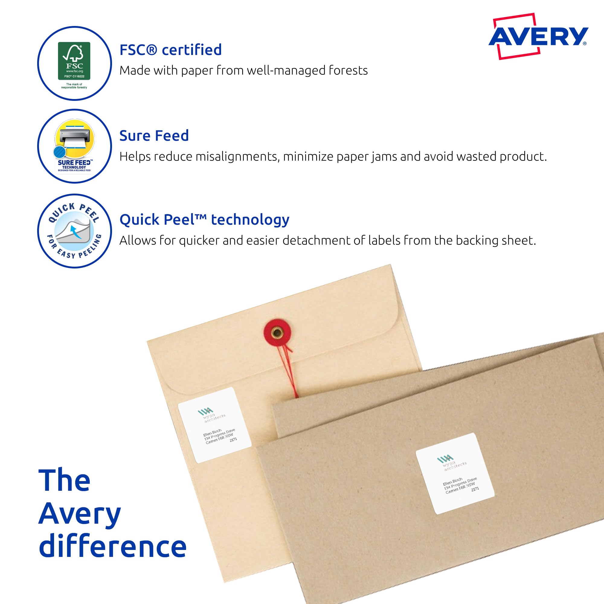 Avery Etichette A4 per stampanti laser, etichette stampabili per imballaggi, spedizioni e indirizzi, colore bianco, 63,5 x 72 mm, 1200 etichette/100 fogli (959005/L7164)