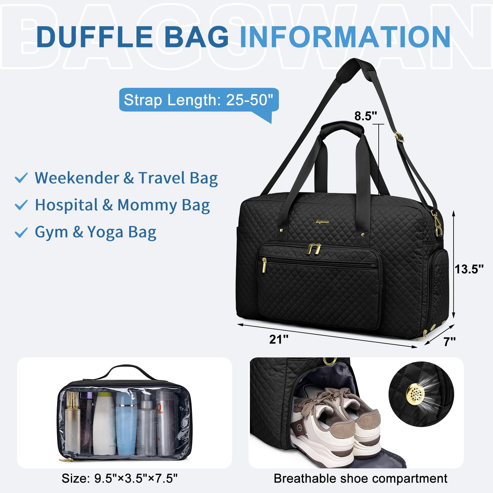 Large Weekender Travel Duffle Bag - With Shoe Compartment Weekender Bags for Womens Carry on Overnight Bag with Toiletry Bag Gym Duffel Bags with Wet Pocket Hospital Bags for Women Labor and Delivery