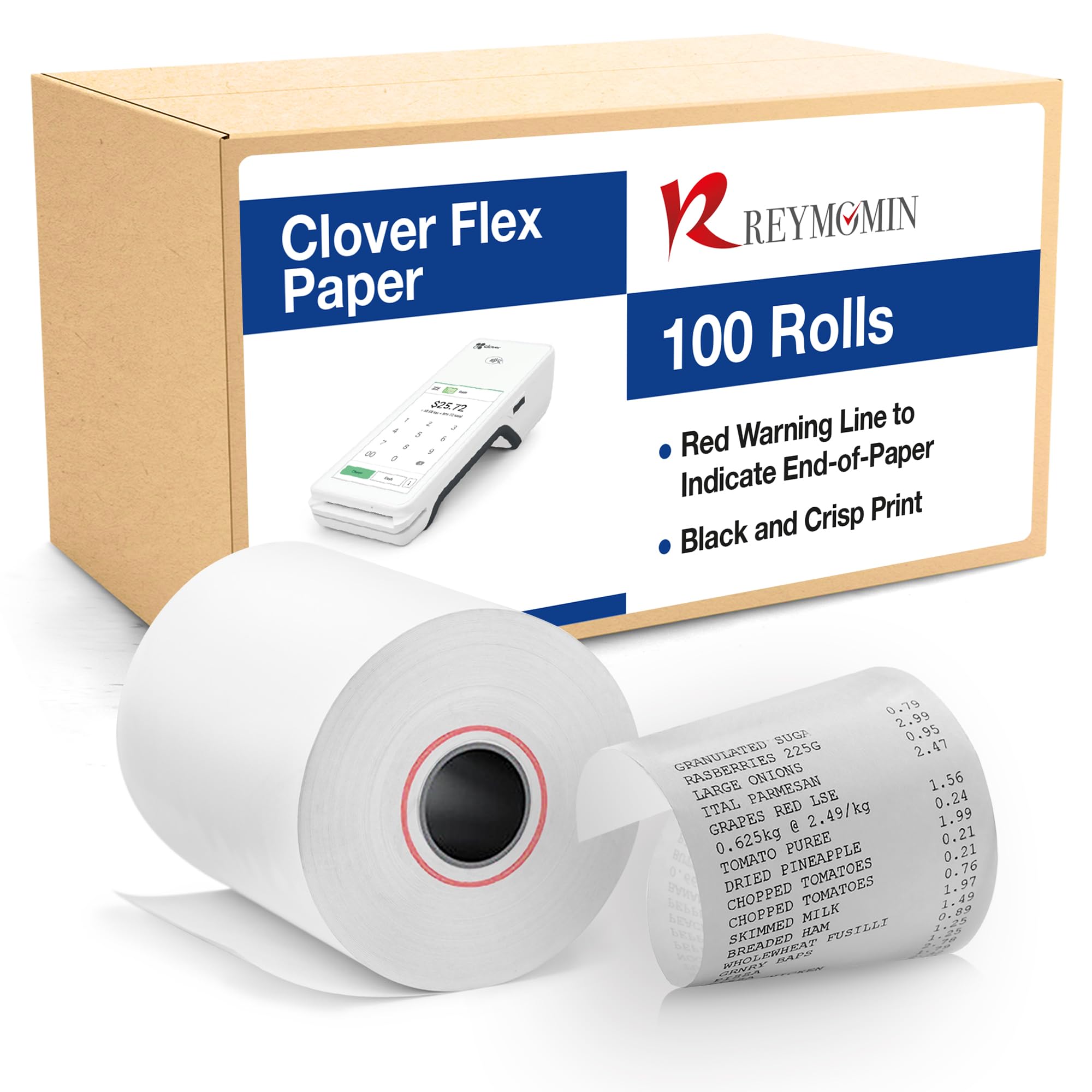 Clover Flex Paper Rolls - 100 Rolls - 2 1/4'’ x 50’- 48 GSM - Clover Flex Receipt Paper Compatible for C401, C403, C405 and C406 POS Machines - BPA
