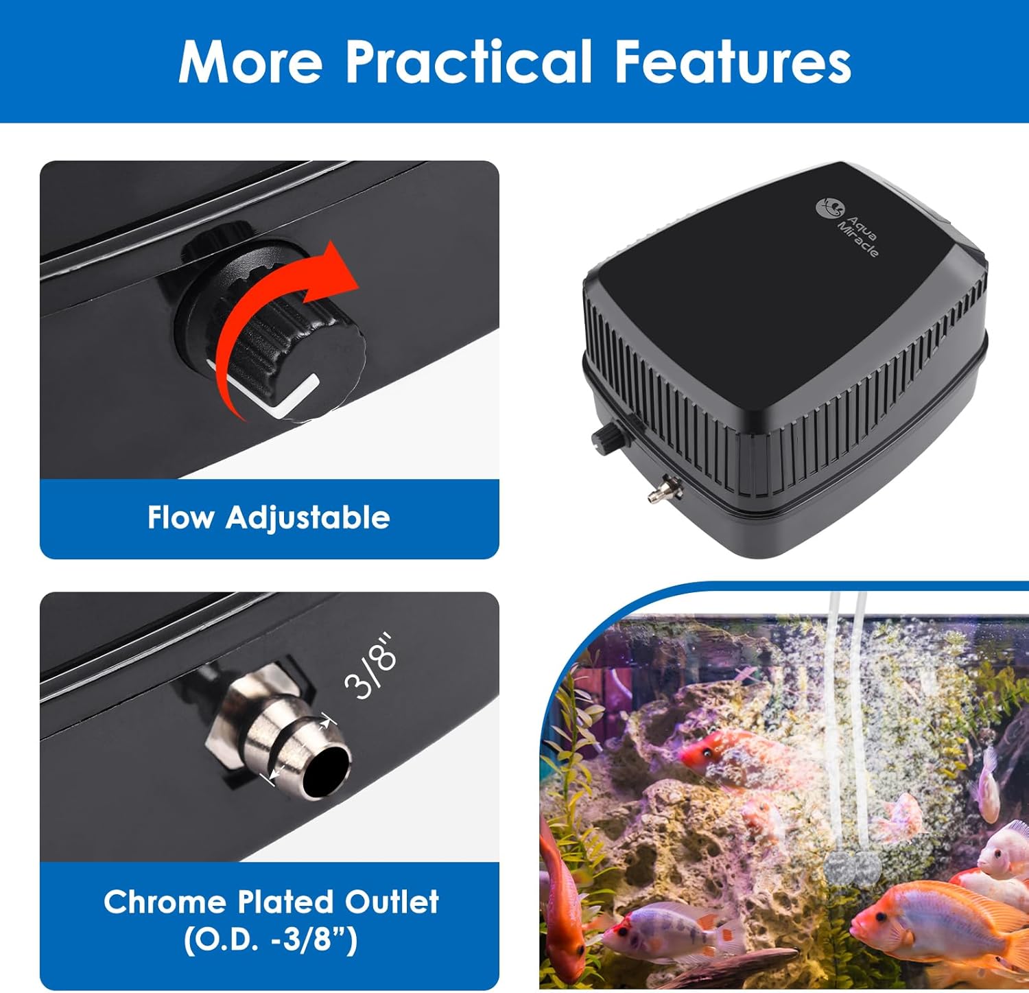 AquaMiracle All-in-One Koi Pond Aerator for Outdoor Ponds up to 1500 Gallons, Pond Air Pump Pond Aeration System with 2-Outlet Manifold Airline Tubing Air Stones Check Valves