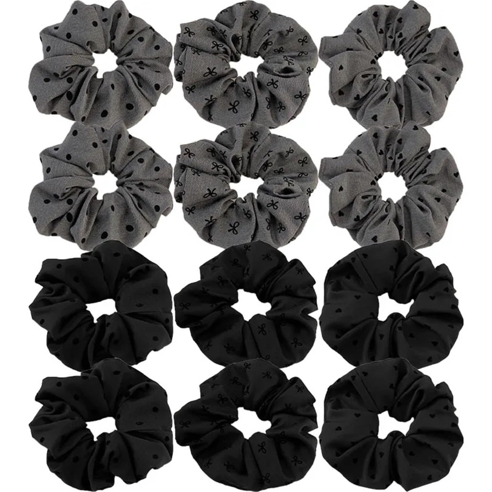 Scrunchie Capelli Cravatte a pois Corda Grande Cuore Bowknot Stampato Scrunchies Grigio Nero Porta coda di cavallo Copricapo for le donne(12PCS)