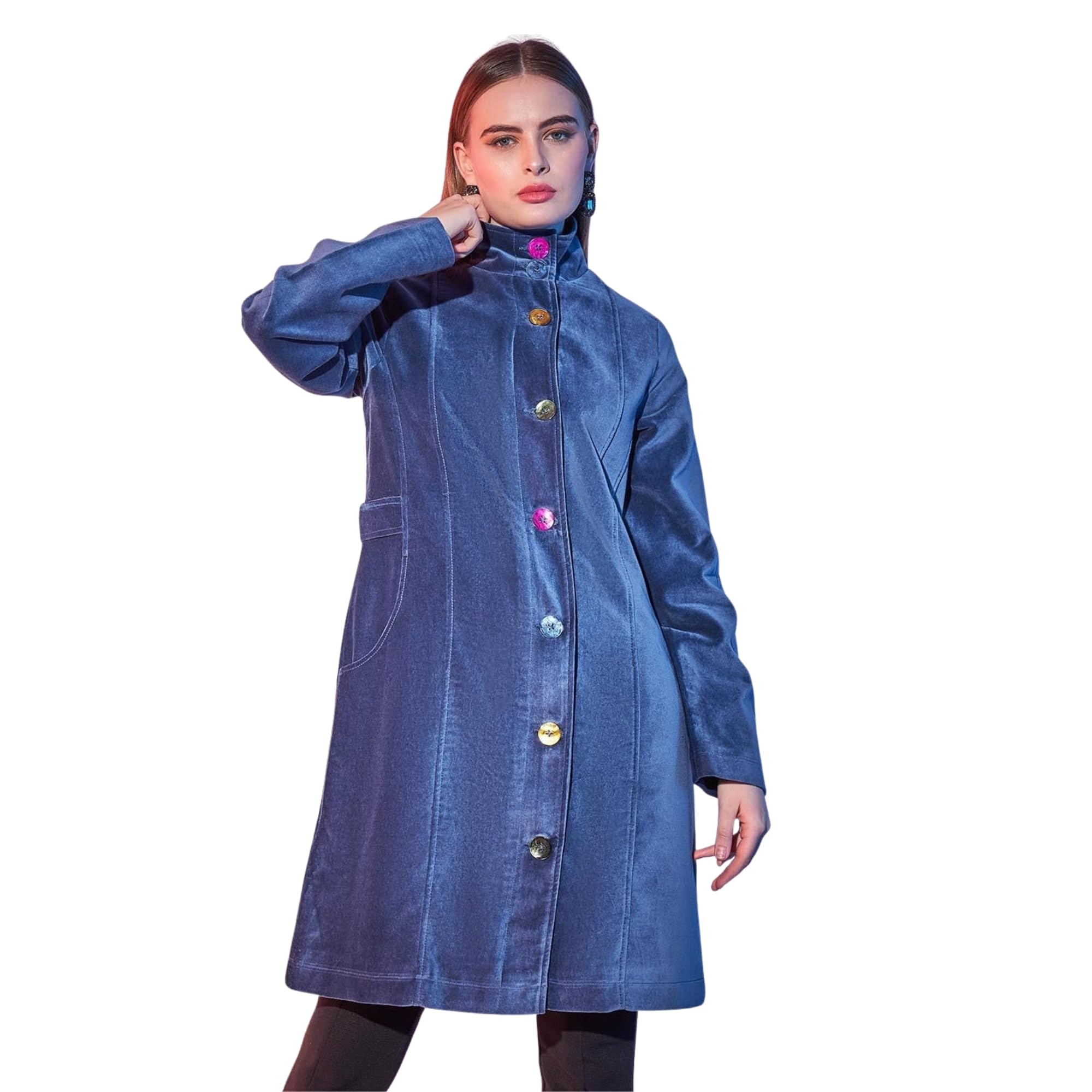 Women Solid Trench Coat | Belted Single Breasted Overcoat | Full Sleeve Elegant Outerwear for Professional & Casual Looks| Blue | COT00008759-0P-image-0