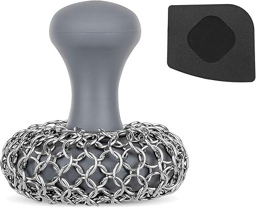 Limpiador de hierro fundido + rascador de sartén - 316 con mango de silicona limpiador de hierro fundido para sartén de hierro fundido, parrilla