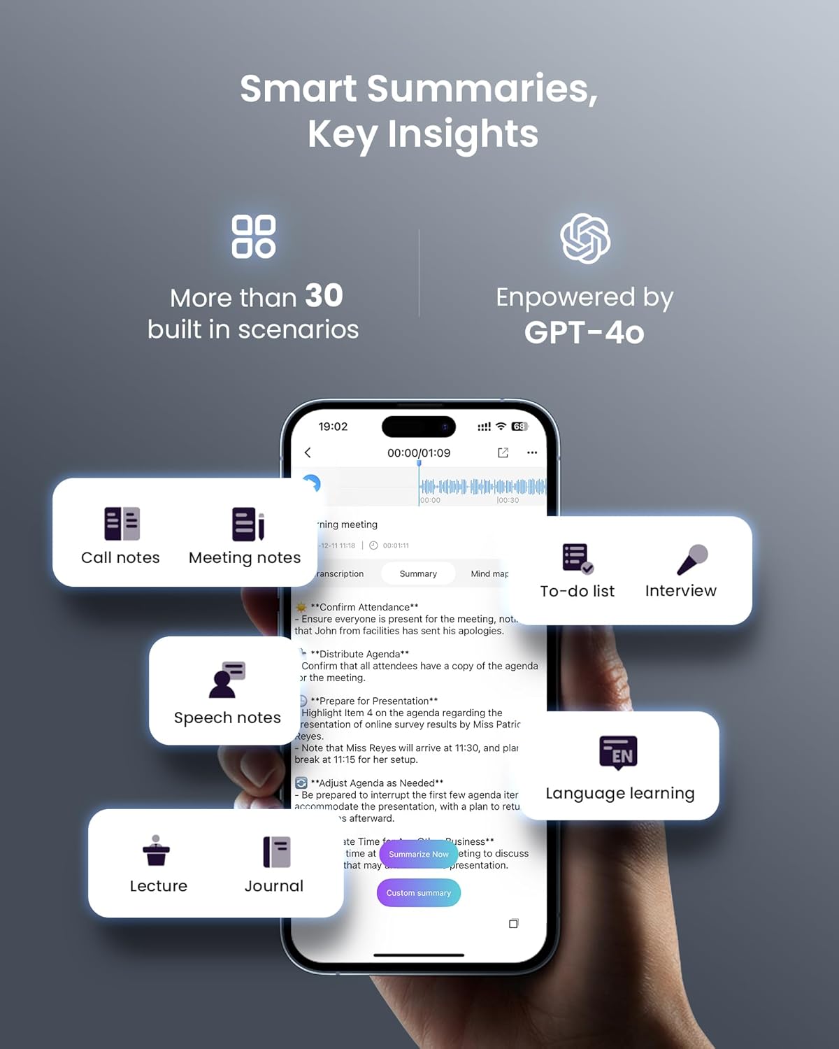 AI Voice Recorder, Transcribe & Summarize AI Audio Recorder, Support 121 Languages, 64GB Memory, Wireless Charging, App/Web Control, Digital Recording Device for Lectures, Meetings, Calls, Silver - Image 3