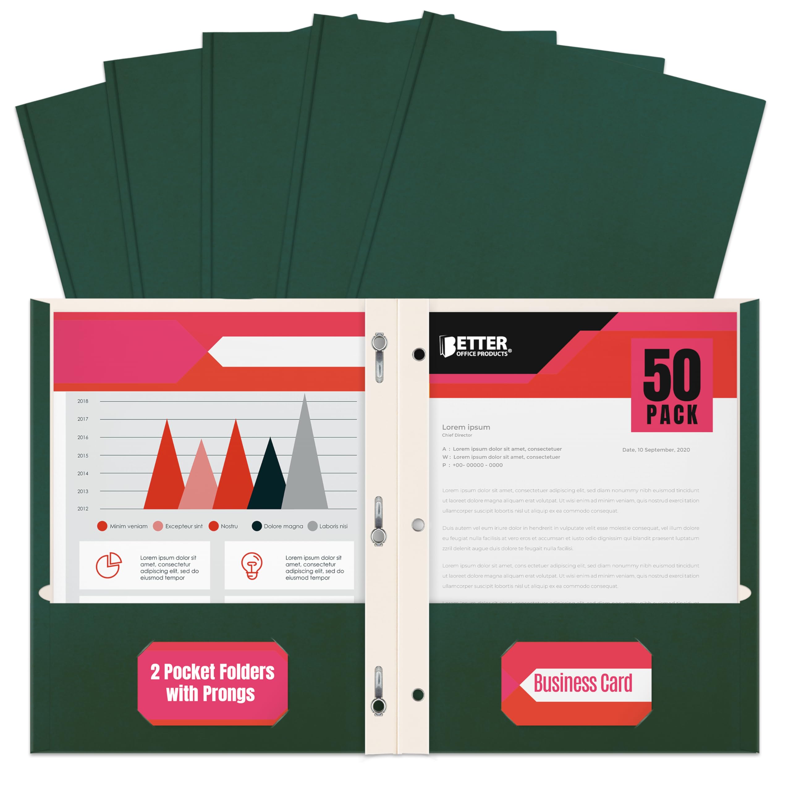 Better Office Products Dark Green 2 Pocket Folders with Prongs, 50 Pack, Letter Size, Matte Texture, 8.5 x 11 Inch