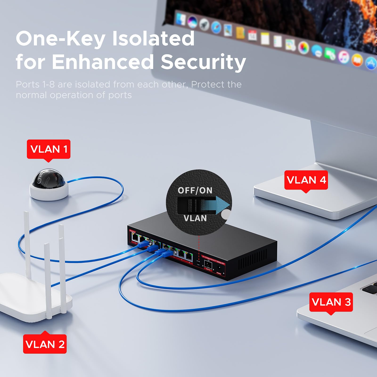 Przełącznik 2,5 G, 9 portów, z 8 portami 2,5 GB i gniazdem SFP 1x10G, funkcja VLAN, Ethernet, przełącznik sieciowy Gigabit, pojemność 60 Gb/s, rozdzielacz | Plug & Play | Metalowa konstrukcja