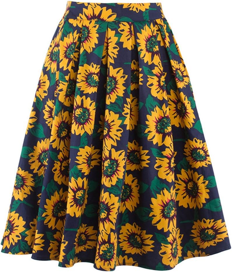 Moshow Women Pleated Skirt Sunflower Vintage Skirts Yellow Knee-Length Swing Skirt