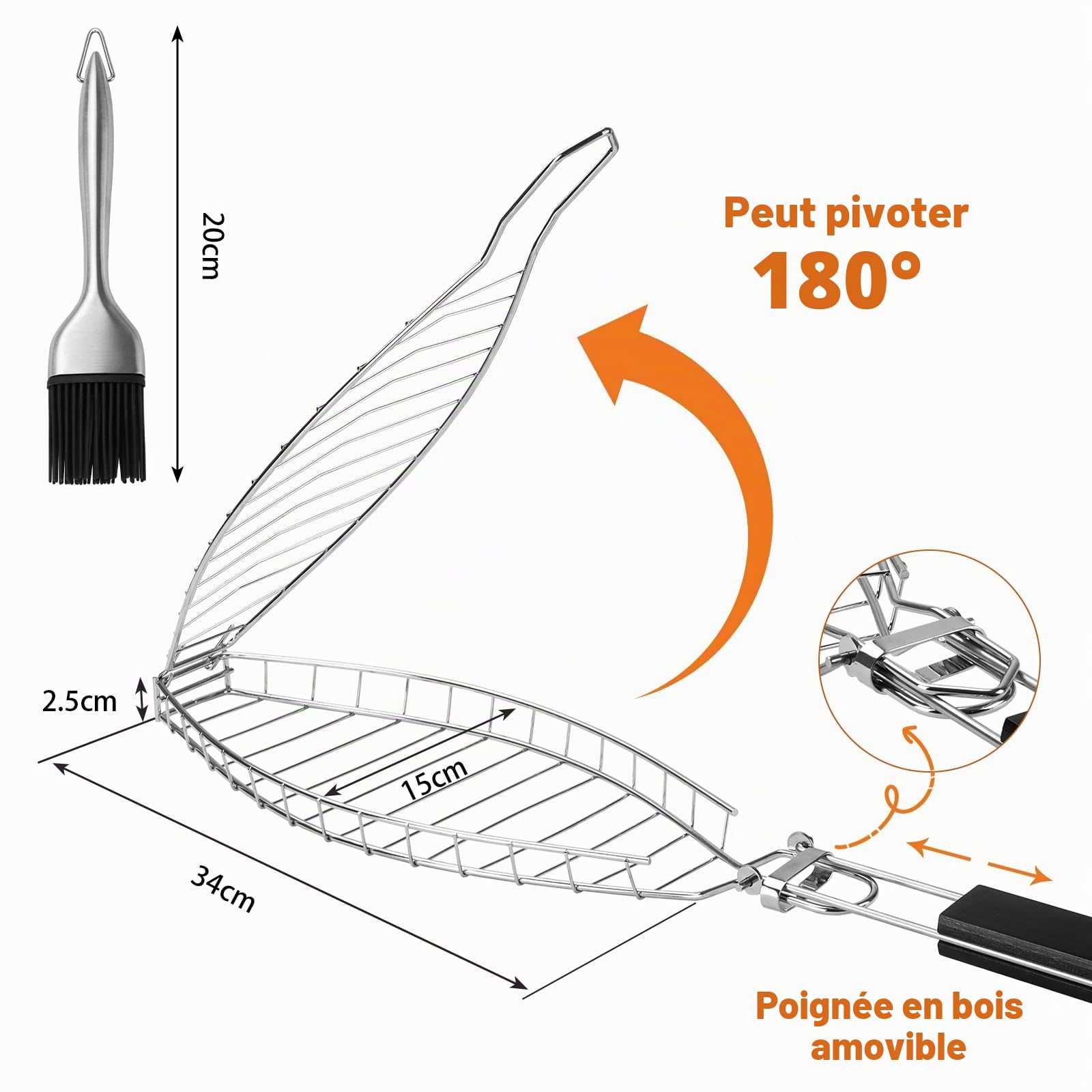 Grille Poisson pour Barbecue, Grill pour Barbecue en Acier Inoxydable avec Brosse à Huile, pour Barbecue à Poisson, Steak de Ailes de Poulet