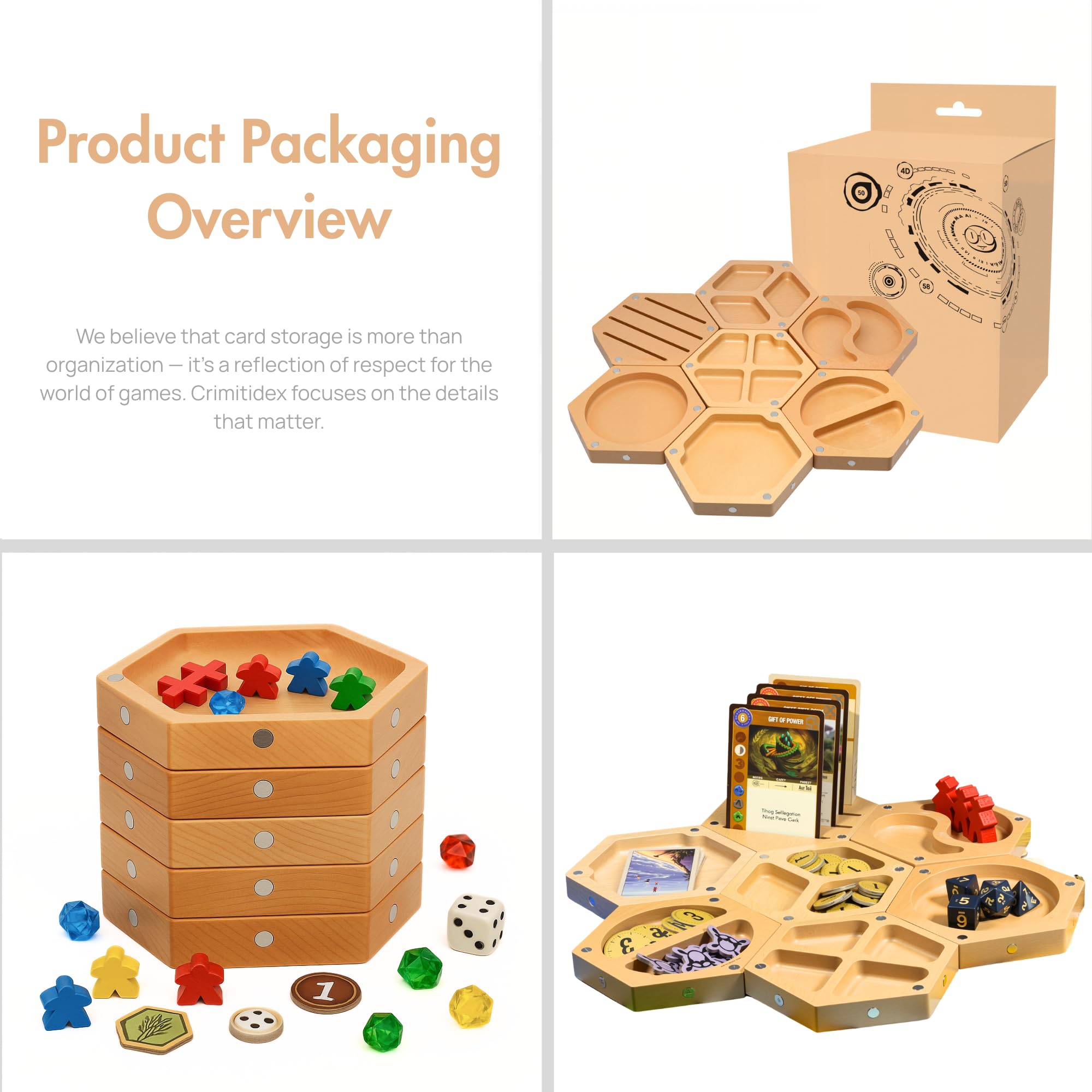 Juego de bandejas magnéticas de madera (7 piezas) | Organizador modular hexagonal para juegos de mesa, dados, tarjetas y miniaturas
