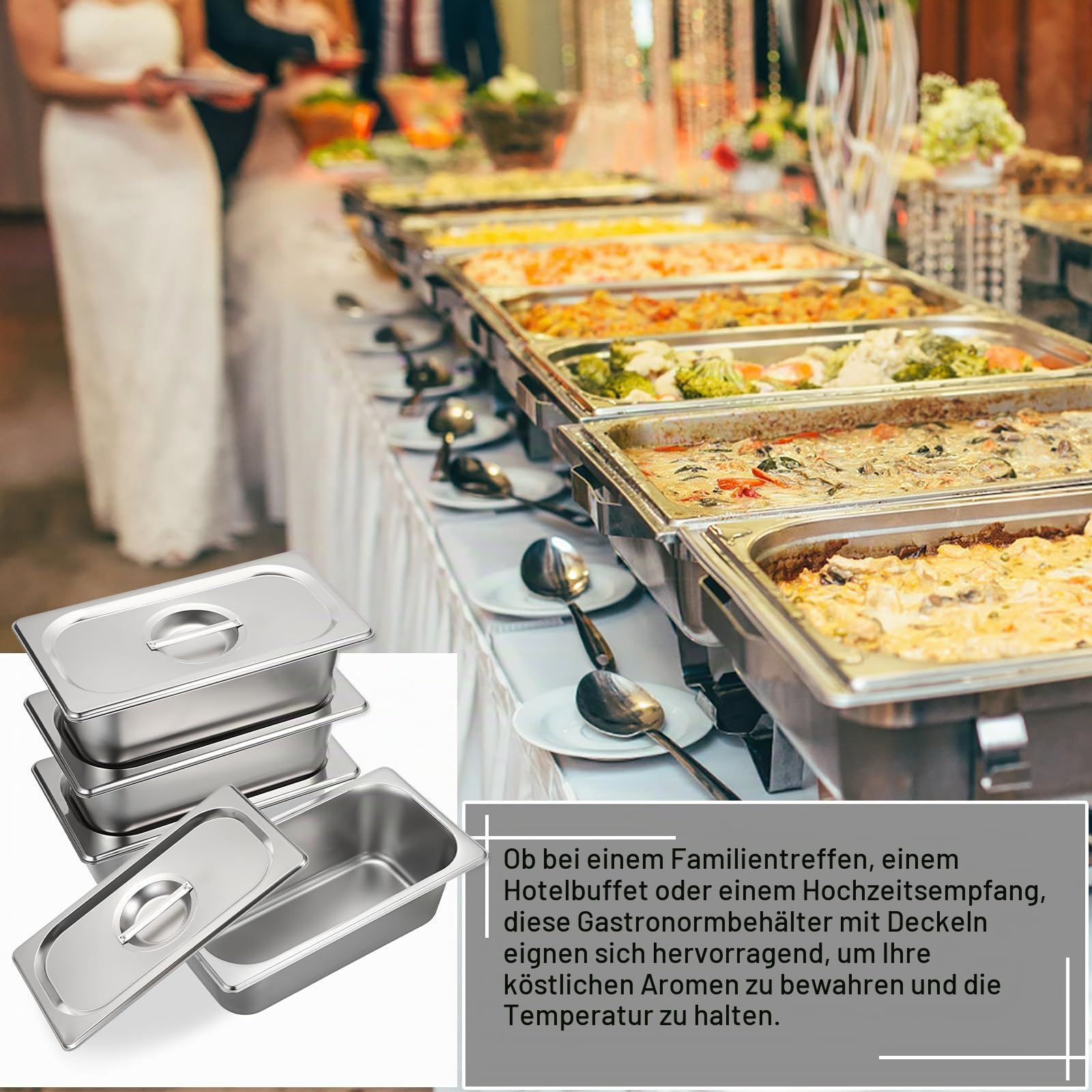 SUMNACON 4x1/3 Gastronormbehälter aus lebensmittelecht Edelstahl,Stapelbare Panierset mit Deckel,von -60° bis 400°C,Spülmaschinenfest Panierschalen für Schnitzel Fleisch Fisch Obst Eis Sauce 10cm hoch